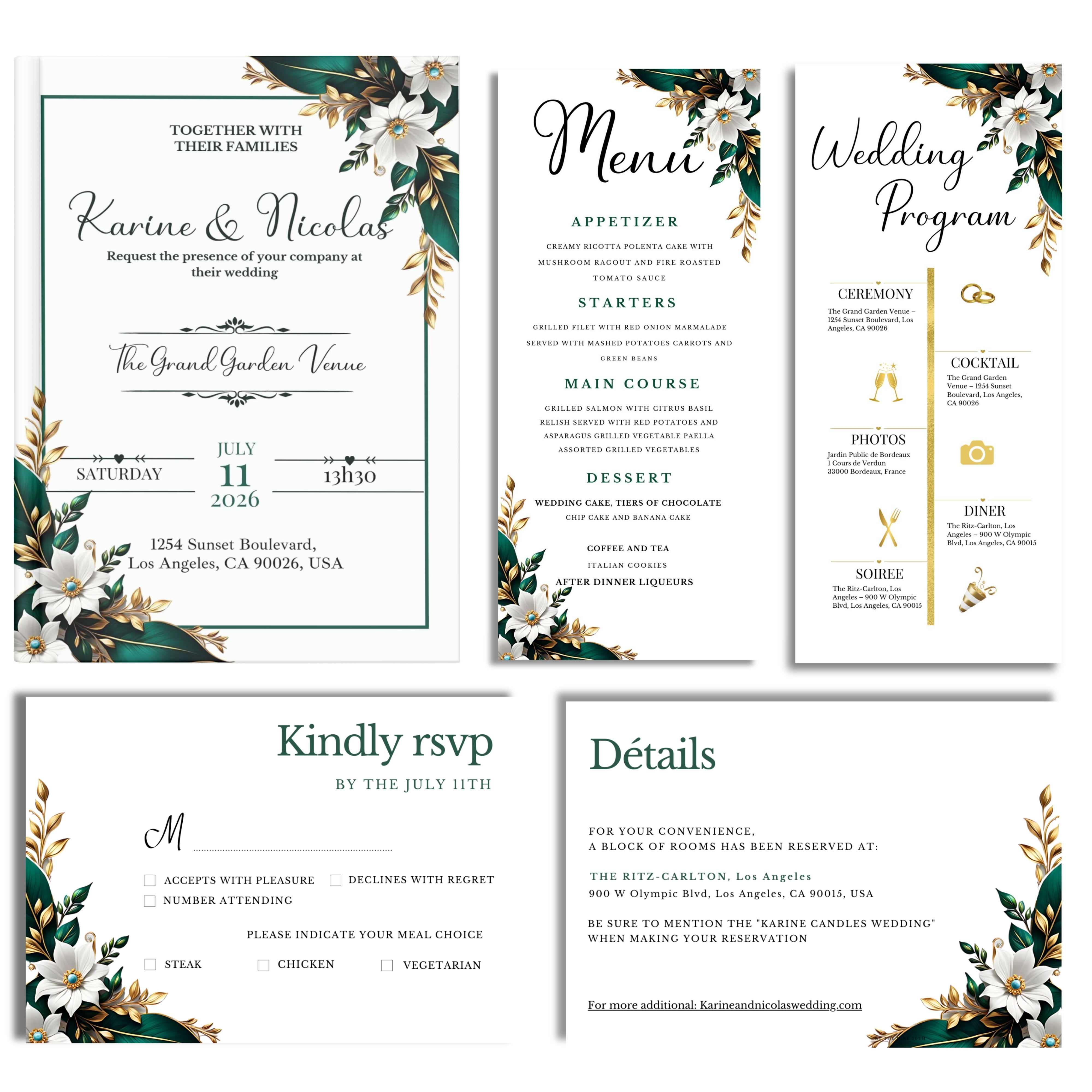 Set de faire-part de mariage digital floral, Invitation de mariage vert, blanc et or chic, Template 100% personnalisable via Canva
