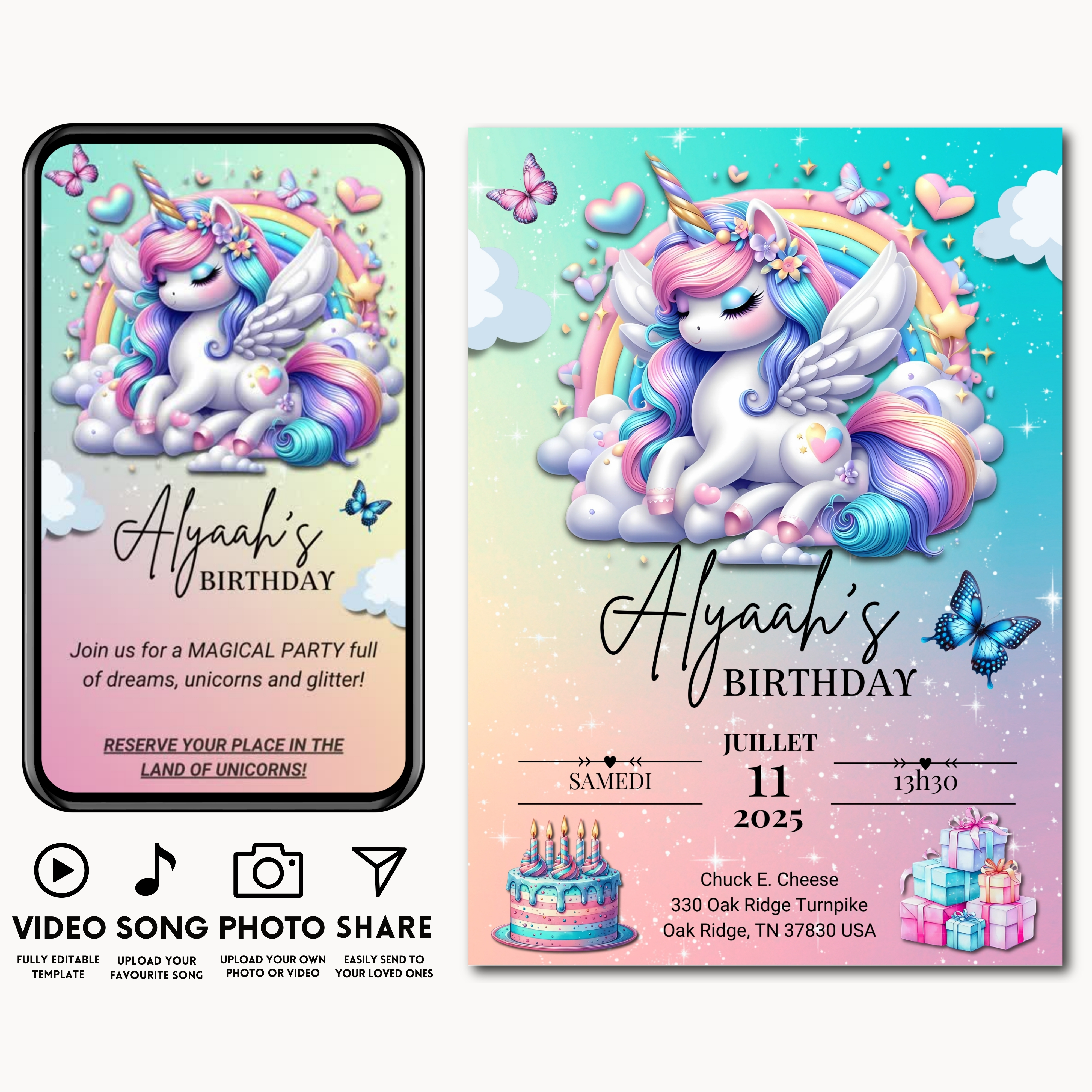 Invitation licorne digital - Bonus Vidéo- Carte à Imprimer pour Fête Enfant -Modèle Numérique Téléchargeable - Invitation licorne pour canva