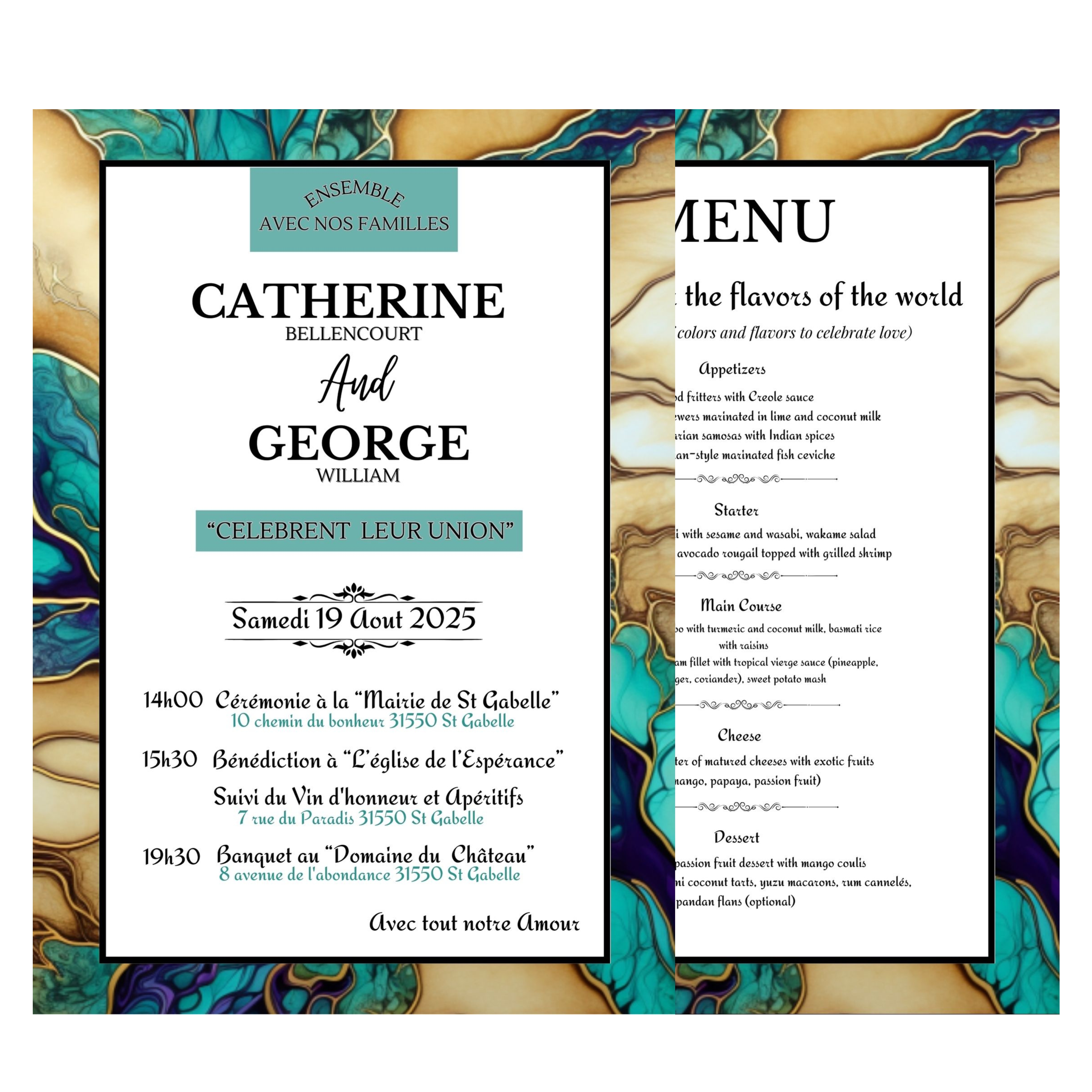 Faire-part de mariage digital Turquoise Marble, Invitation de mariage électronique, Template 100% personnalisable via Canva