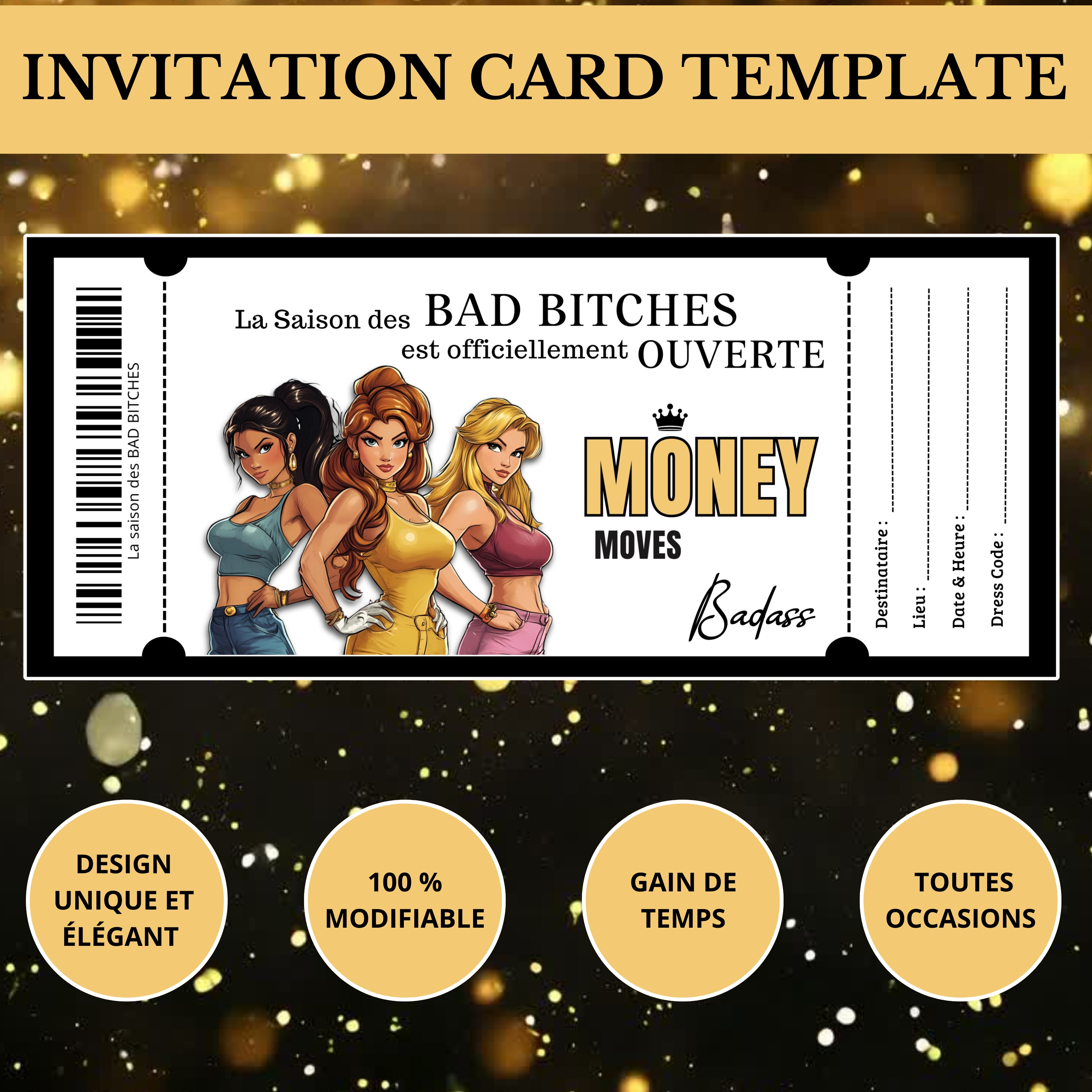 Invitation Ticket - Carte VIP Personnalisable - Invitation Anniversaire, Événement, Fête - Modèle à Imprimer, Ticket soirée entre Besties