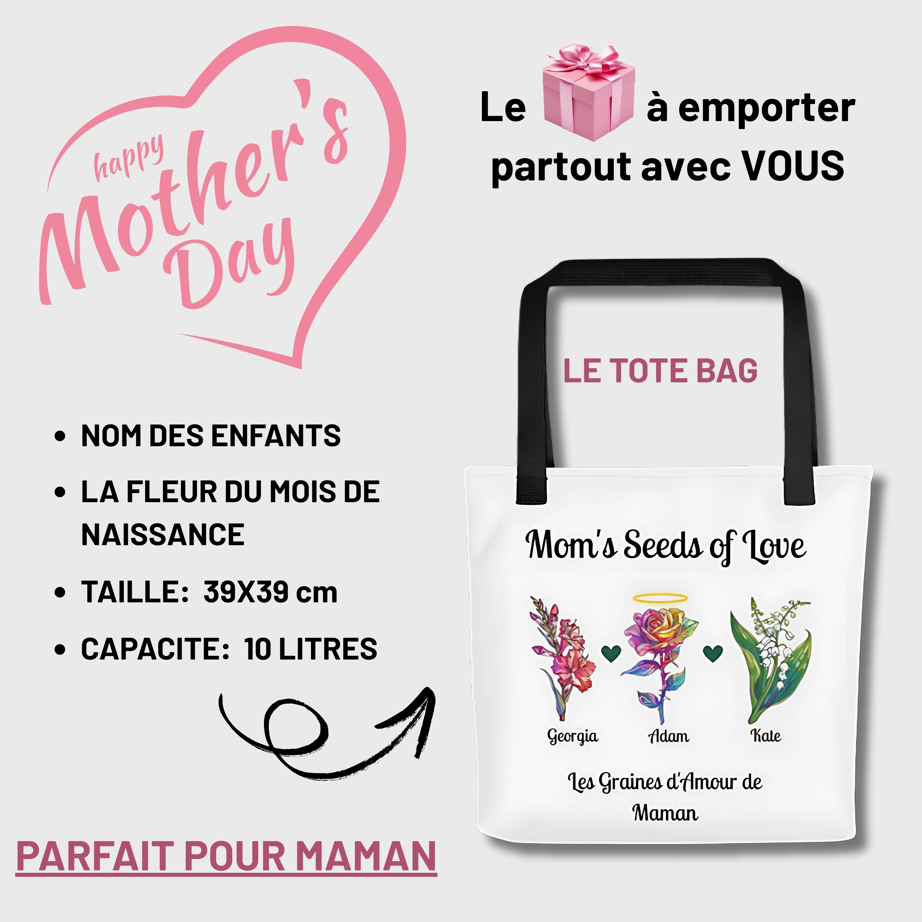 TOTE BAG PERSONNALISABLE "Les graines d amour de maman"- Cadeau Fêtes des Mères/Grands mères- Idée cadeau original