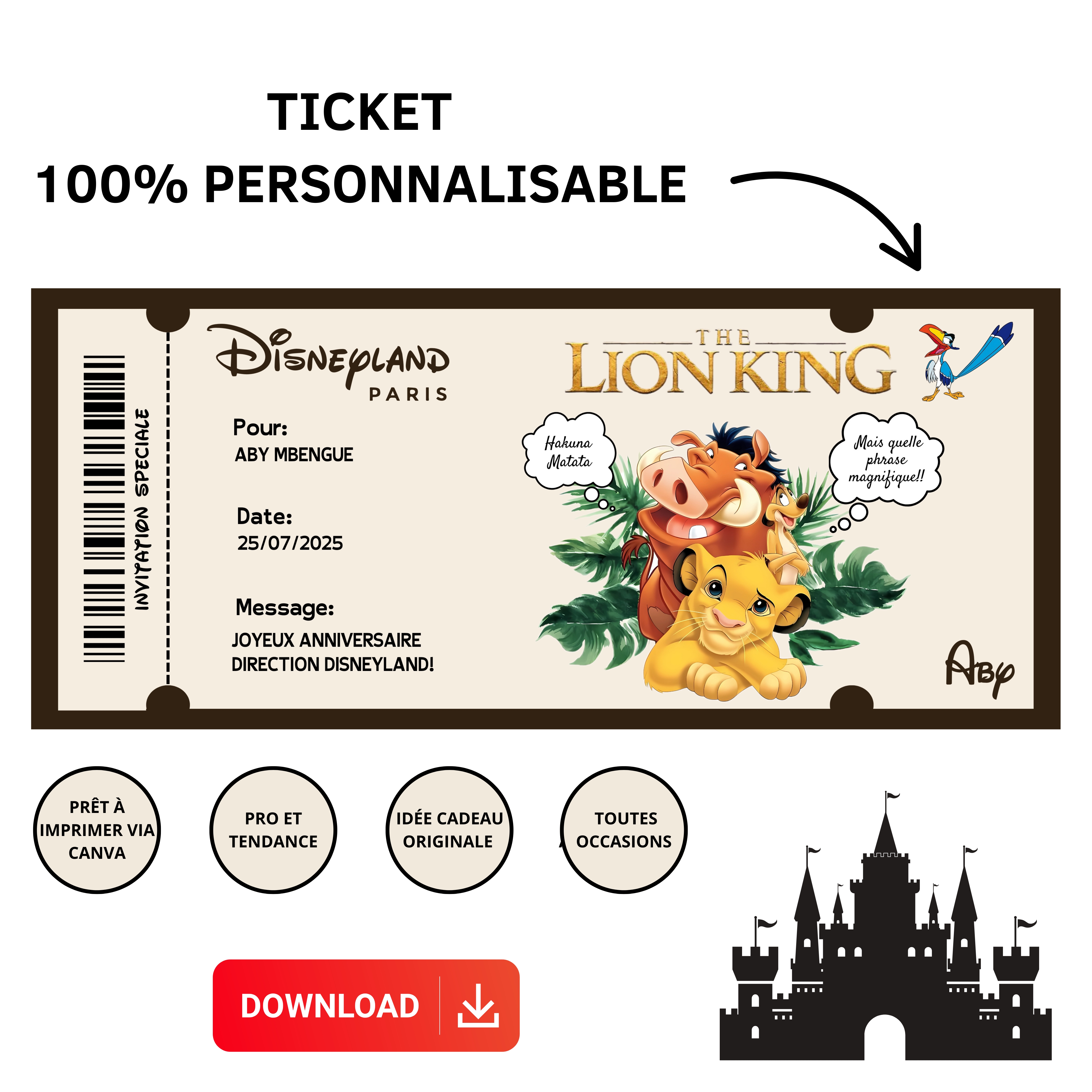 Billet cadeau pour disneyland + 1 carte pliée bonus- Modèle de cadeau de voyage surprise modifiable- PARC À THÈME éditable DISNEYLAND Le Roi Lion.