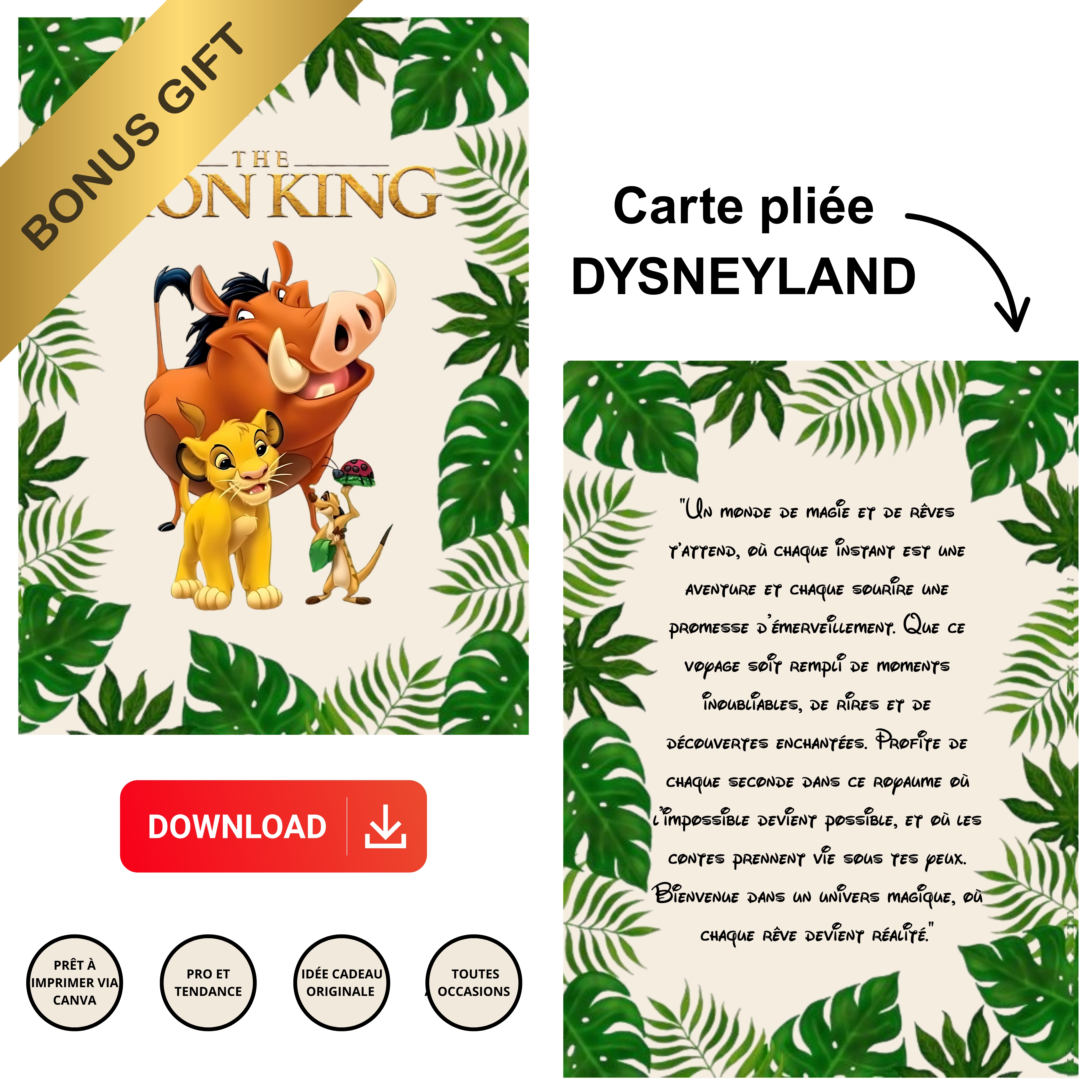 Billet cadeau pour disneyland + 1 carte pliée bonus- Modèle de cadeau de voyage surprise modifiable- PARC À THÈME éditable DISNEYLAND Le Roi Lion.