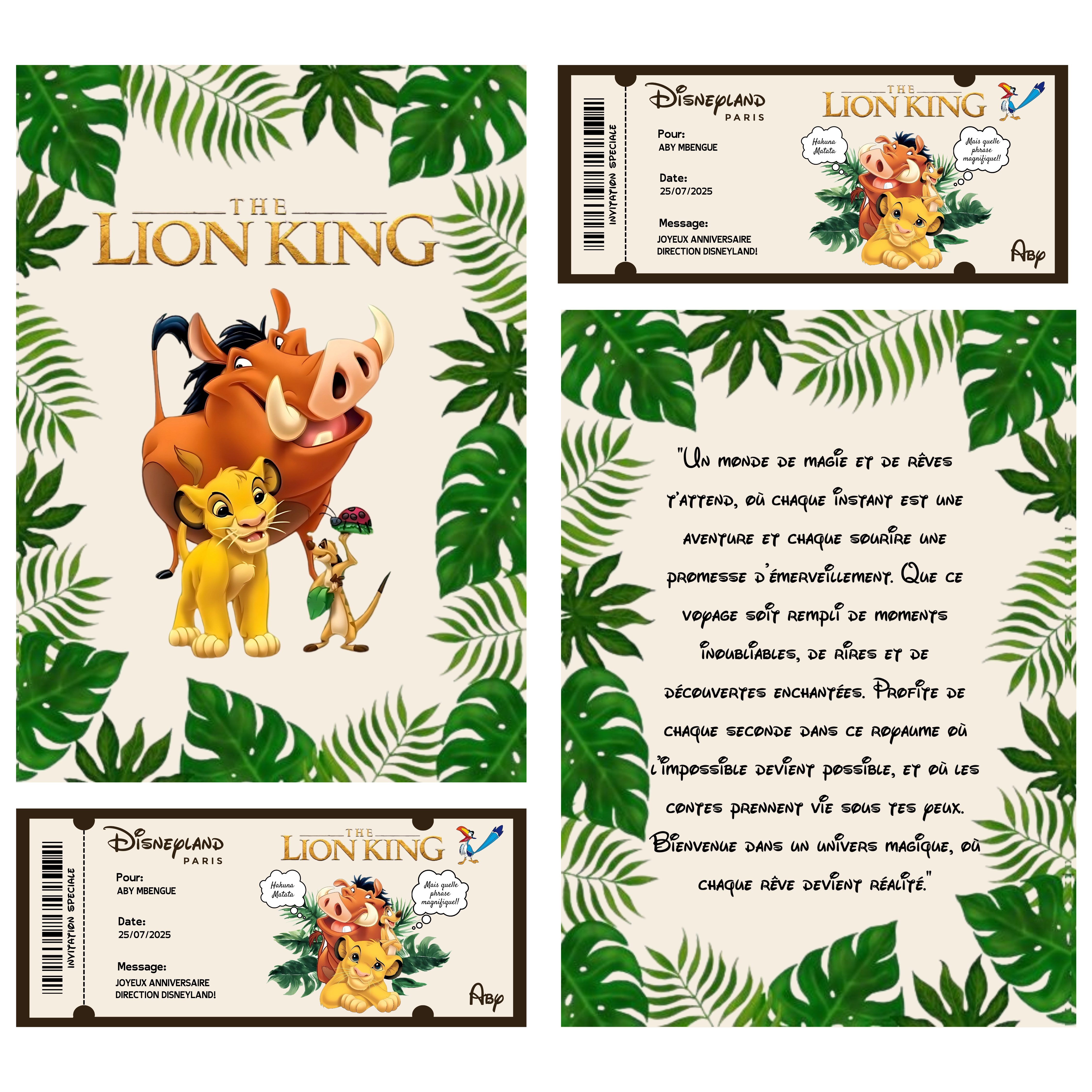 Billet cadeau pour disneyland + 1 carte pliée bonus- Modèle de cadeau de voyage surprise modifiable- PARC À THÈME éditable DISNEYLAND Le Roi Lion.