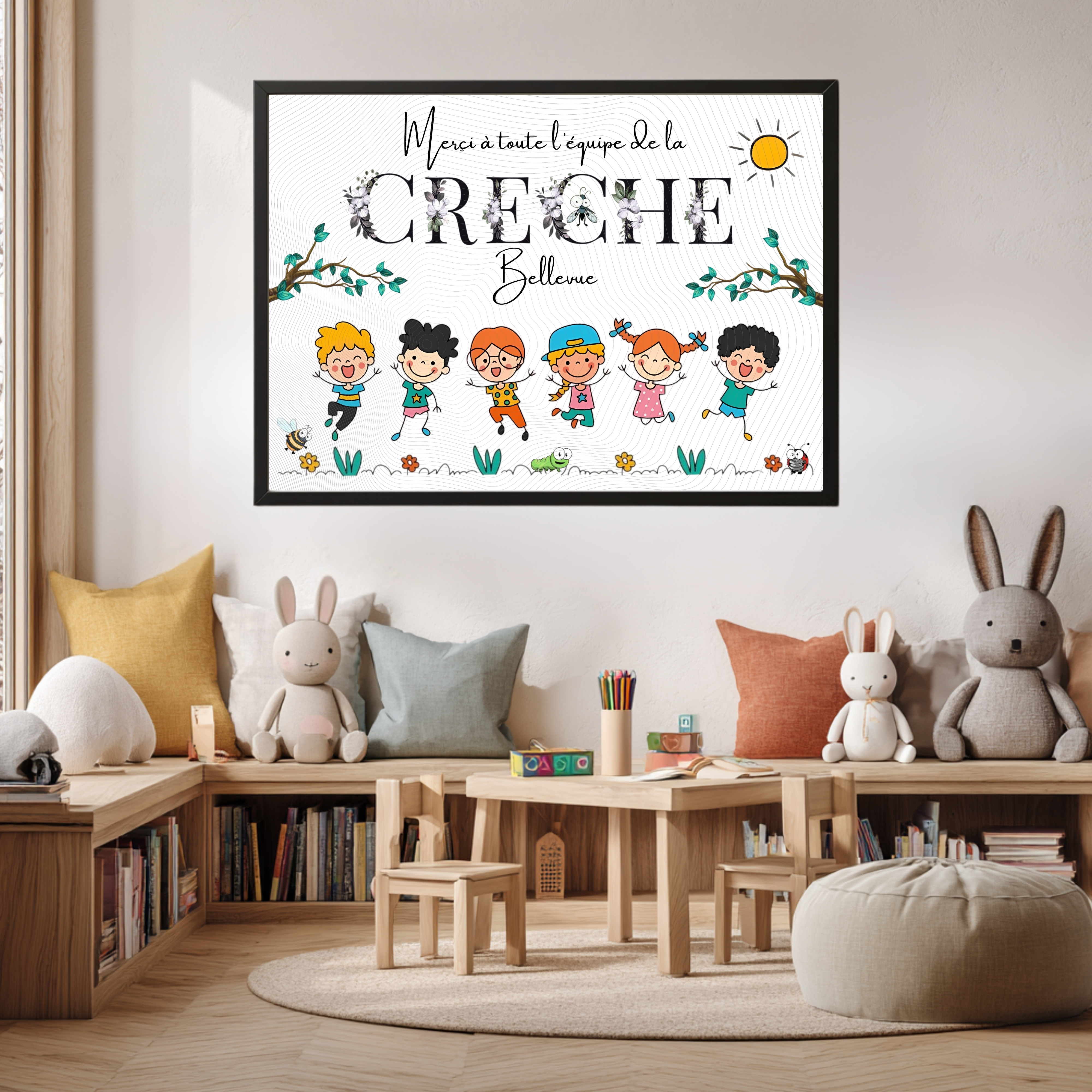 Cadeau unique de Fin d'Année 2025 pour crèche, maîtresse, atsem, nounou, Affiche personnalisée de remerciements pour personnel pédagogique