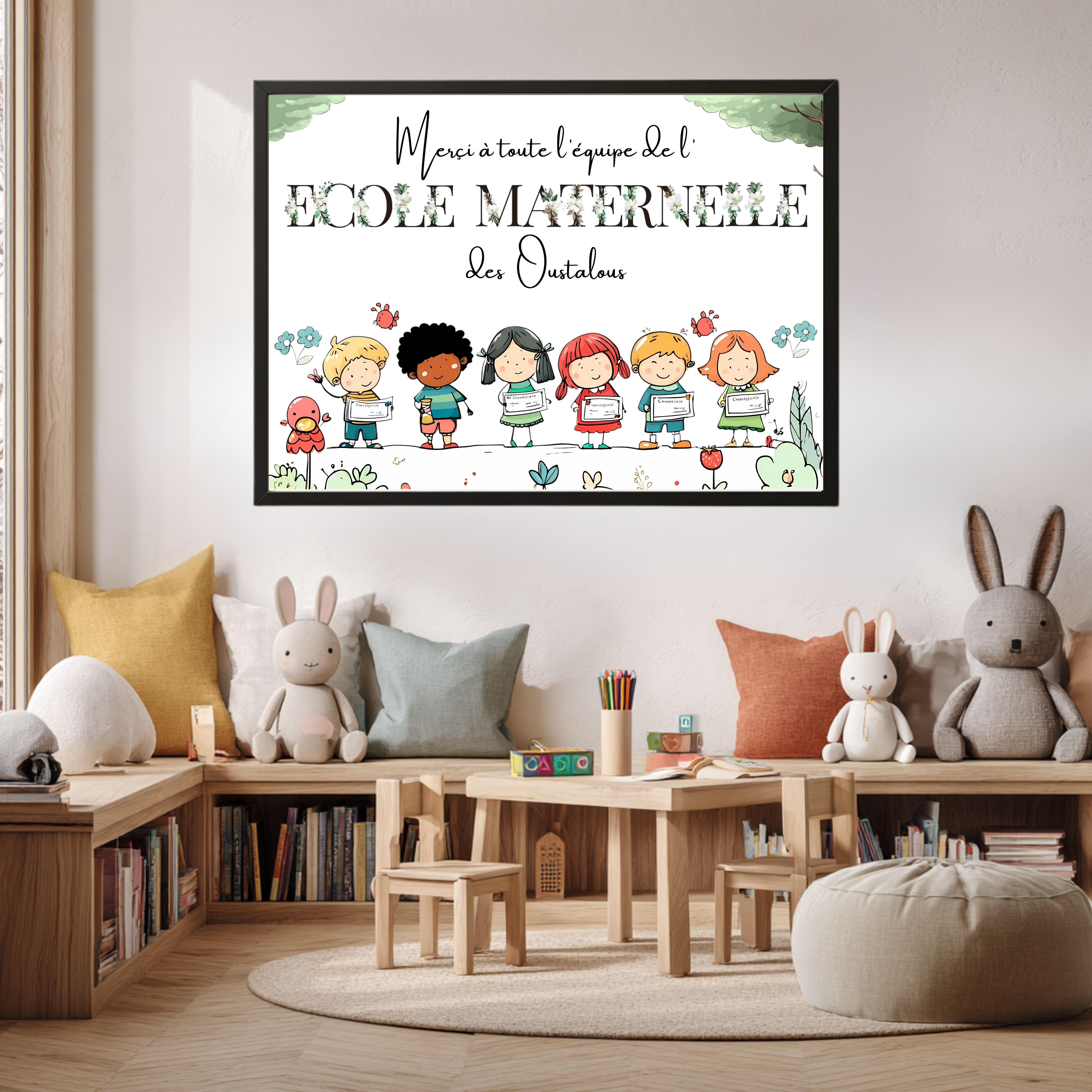 Cadeau unique de Fin d'Année 2025 pour Ecole maternelle, maîtresse, atsem, nounou, Affiche personnalisée de remerciements pour personnel pédagogique