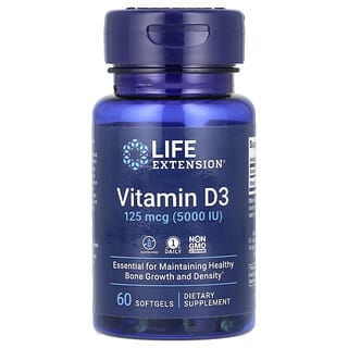 Life Extension, Vitamina D3, 125 mcg (5000 UI), 60 capsulas blandas