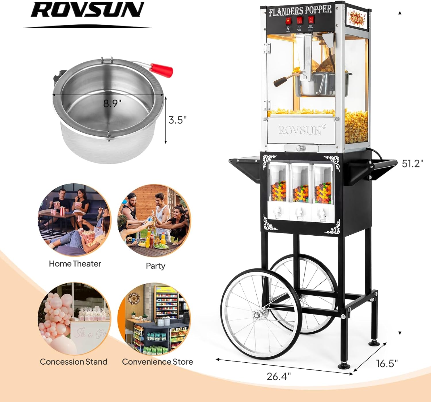 Crispetera ROVSUN de 8 Onzas con Carrito y Dispensadores – Alta Capacidad y Movilidad para Eventos en Colombia