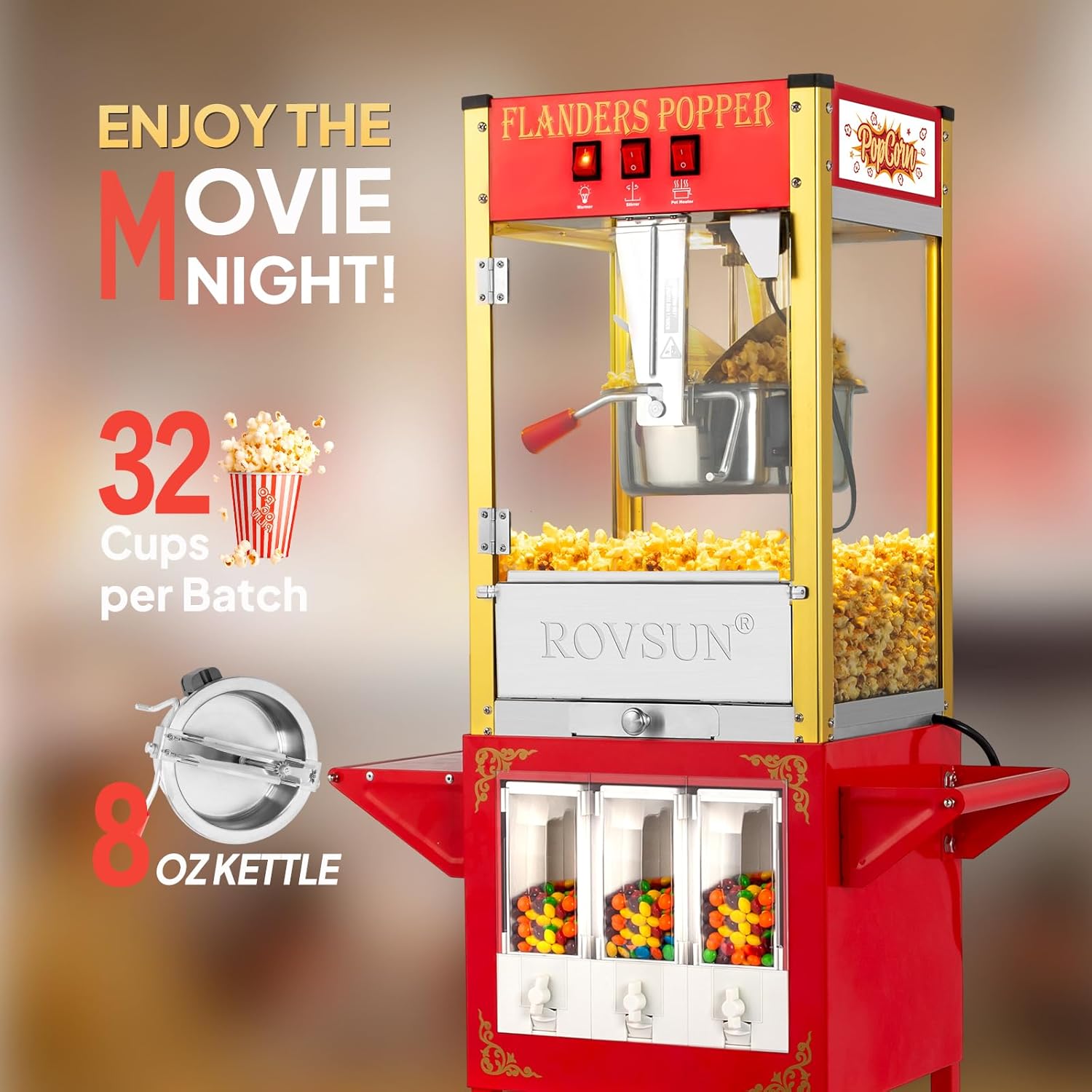 Crispetera ROVSUN de 8 Onzas con Carrito y Dispensadores – Ideal para Fiestas y Negocios en Colombia