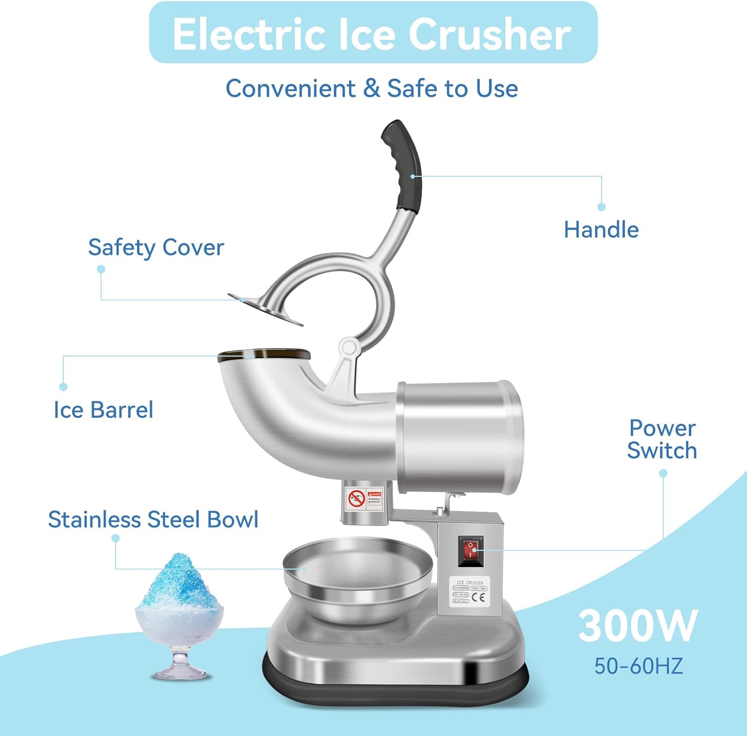 Trituradora de Hielo Eléctrica Carivia con Doble Hoja de Acero Inoxidable - Máquina para Conos de Nieve, 300 W, 440 lbs/hora