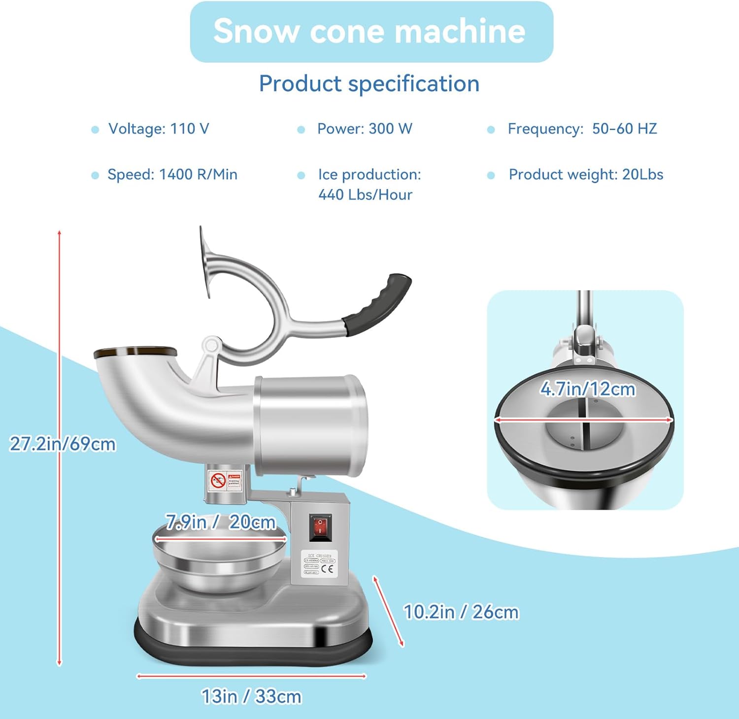 Trituradora de Hielo Eléctrica Carivia con Doble Hoja de Acero Inoxidable - Máquina para Conos de Nieve, 300 W, 440 lbs/hora
