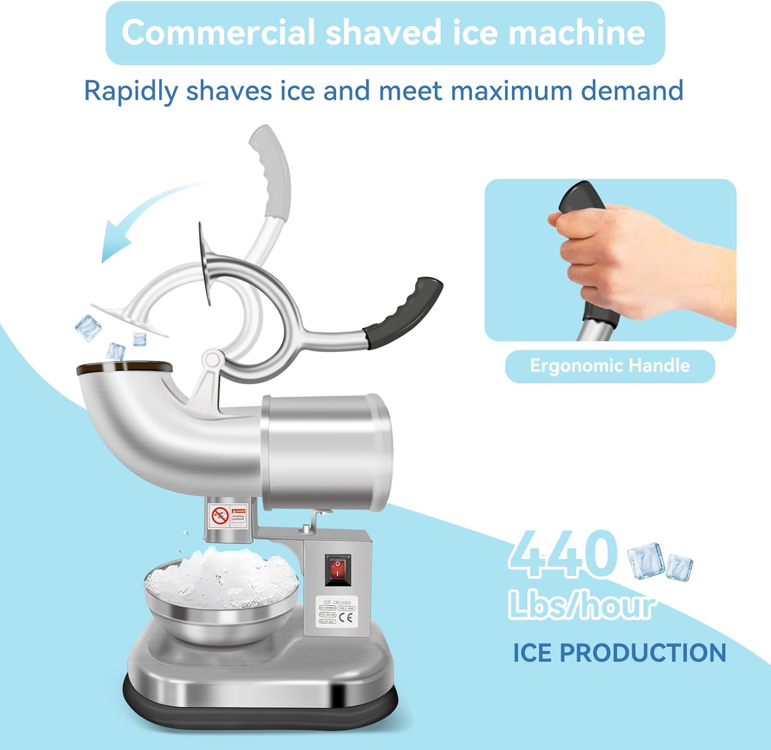 Trituradora de Hielo Eléctrica Carivia con Doble Hoja de Acero Inoxidable - Máquina para Conos de Nieve, 300 W, 440 lbs/hora