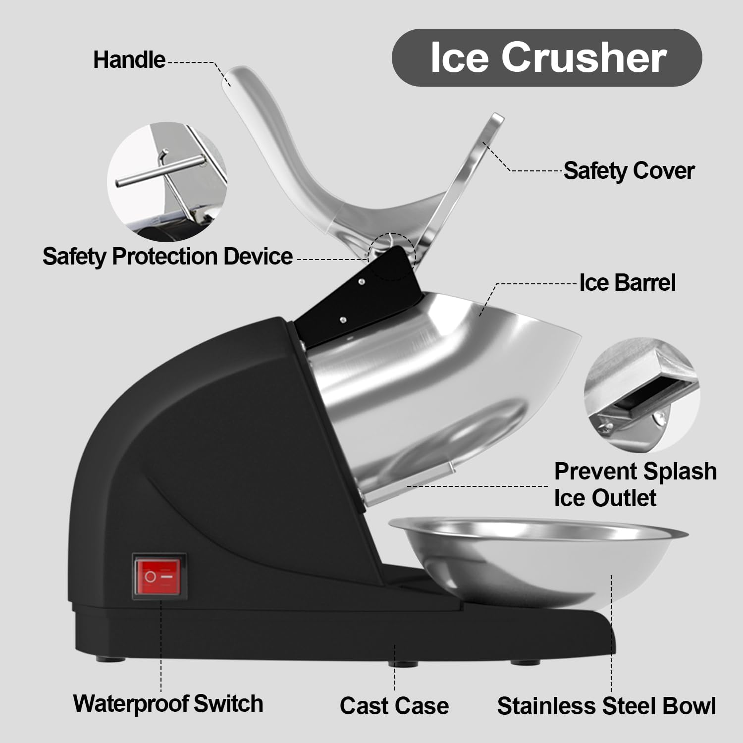 Máquina de Hielo Afeitado OKF 380 W - Trituradora de 3 Cuchillas de Acero Inoxidable, 280 lbs/hr, Uso Doméstico y Comercial