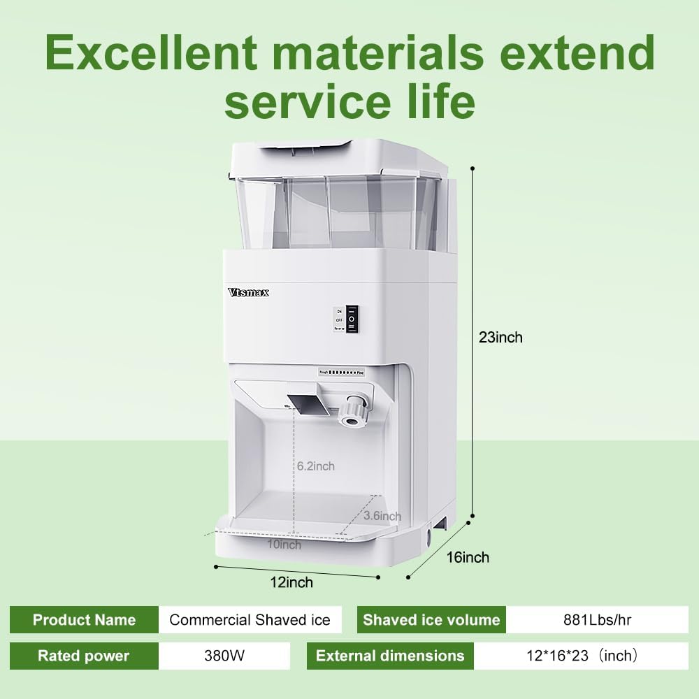 Vtsmax - Máquina de Hielo Afeitado Eléctrica, 380 W, Grosor Ajustable, 881 lbs/h, Ideal para Fiestas y Negocios