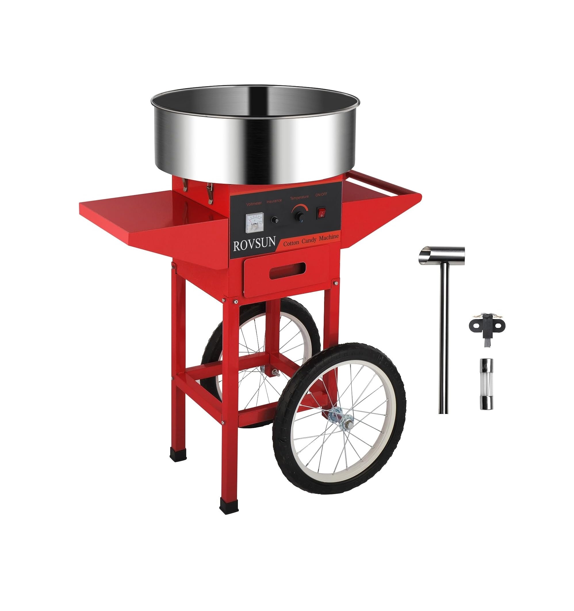 Máquina de Algodón de Azúcar ROVSUN 21” con Carrito, 950 W, 2-3 Porciones por Minuto, Cuenco de Acero Inoxidable y Cajón de Almacenamiento, Ideal para Eventos en Colombia.