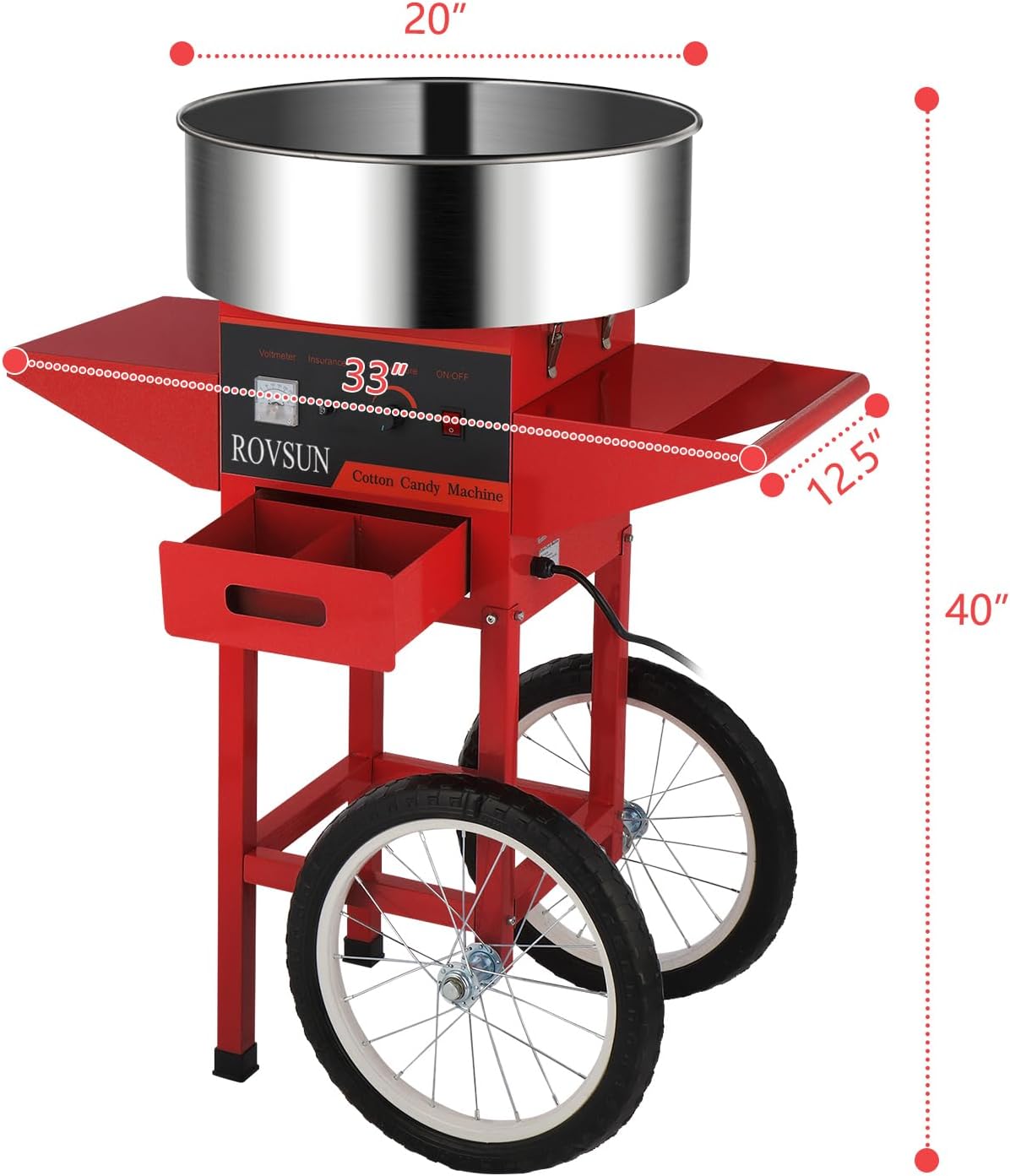 Máquina de Algodón de Azúcar ROVSUN 21” con Carrito, 950 W, 2-3 Porciones por Minuto, Cuenco de Acero Inoxidable y Cajón de Almacenamiento, Ideal para Eventos en Colombia.