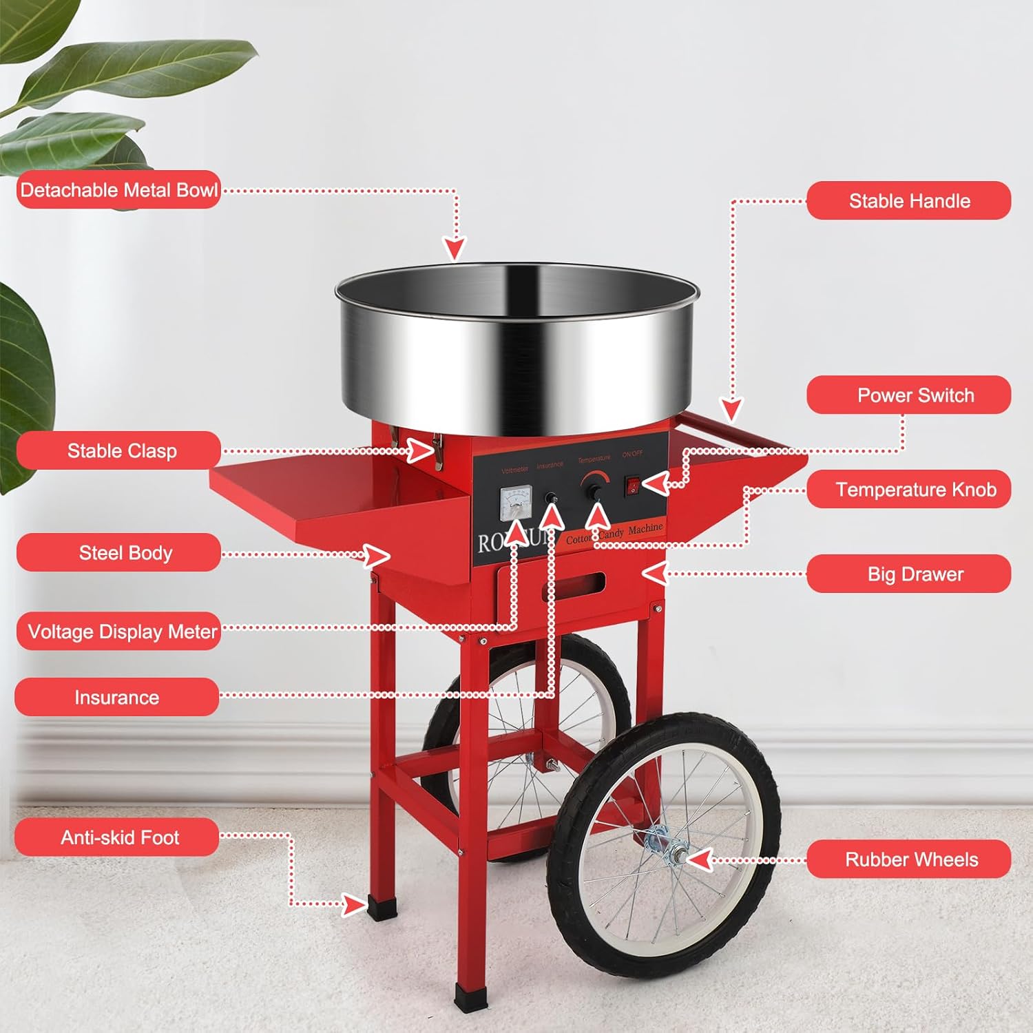 Máquina de Algodón de Azúcar ROVSUN 21” con Carrito, 950 W, 2-3 Porciones por Minuto, Cuenco de Acero Inoxidable y Cajón de Almacenamiento, Ideal para Eventos en Colombia.