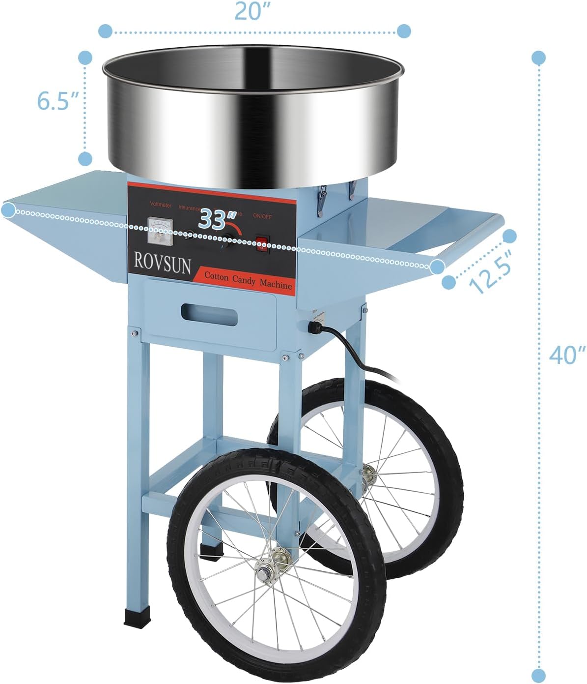 Máquina Comercial de Algodón de Azúcar ROVSUN 21”, 950 W, 2-3 Porciones por Minuto, con Carrito y Cajón de Almacenamiento, Ideal para Eventos en Colombia.