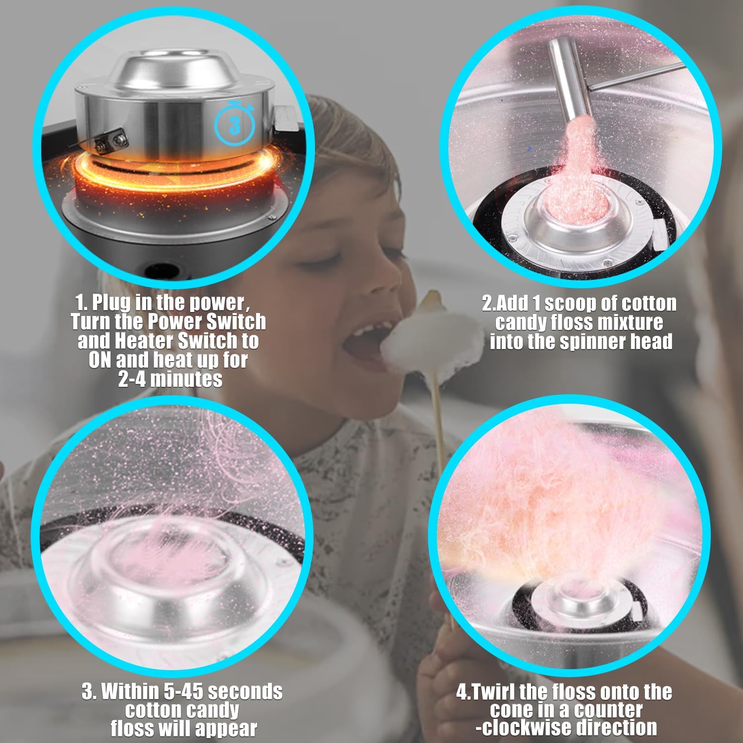 Máquina Comercial de Algodón de Azúcar Azul 1100 W, 20” de Acero Inoxidable, Rápida y Versátil para Eventos y Negocios en Colombia.
