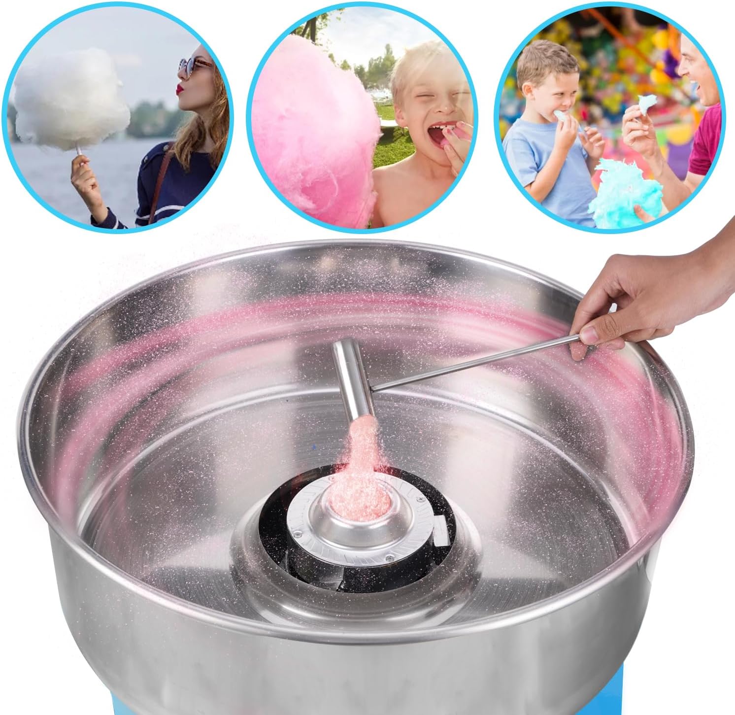 Máquina Comercial de Algodón de Azúcar Azul 1100 W, 20” de Acero Inoxidable, Rápida y Versátil para Eventos y Negocios en Colombia.