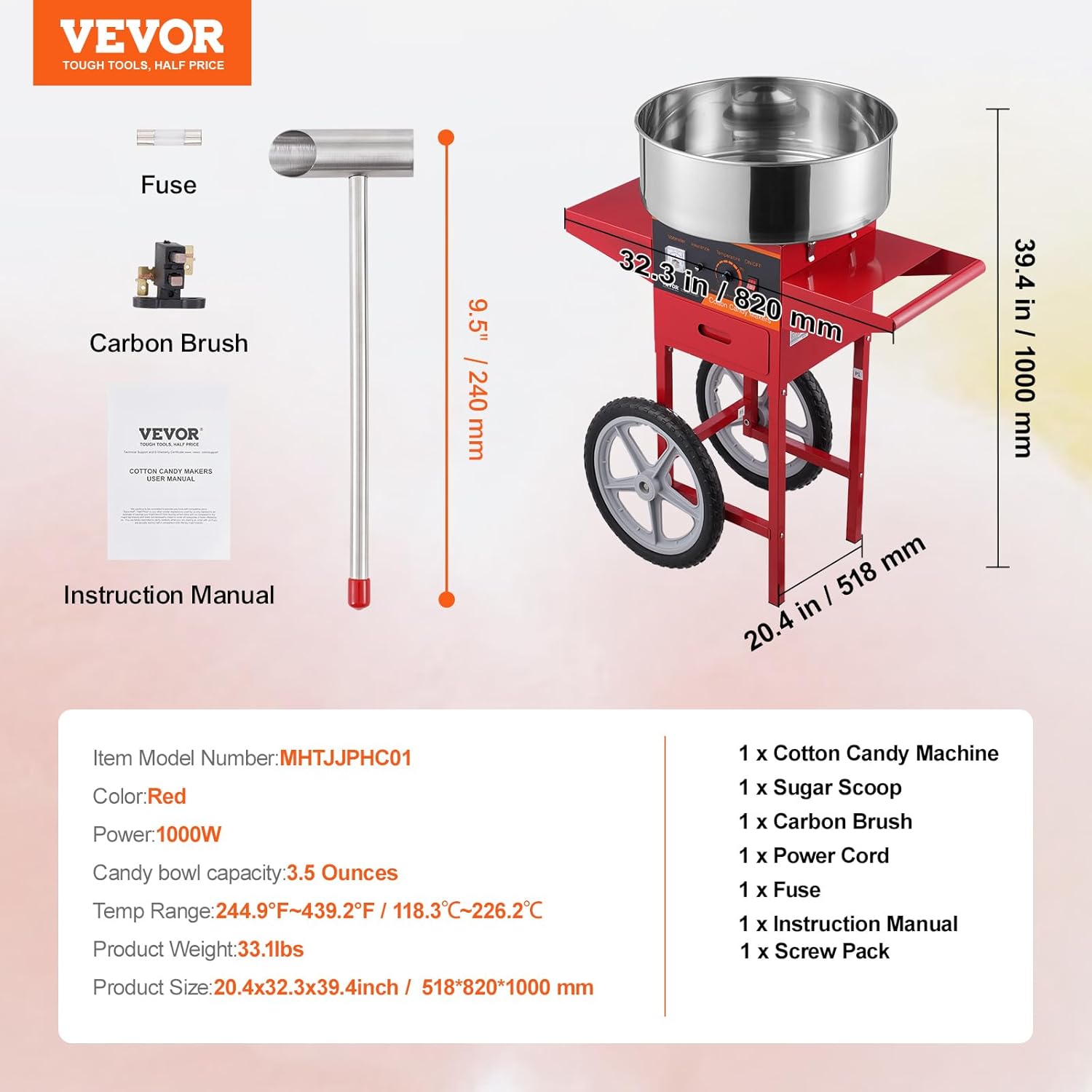 Máquina de Algodón de Azúcar VEVOR 1000 W con Carrito, 6 Conos por Minuto, Control de Temperatura y Cajón de Almacenamiento, Ideal para Fiestas y Negocios en Colombia.