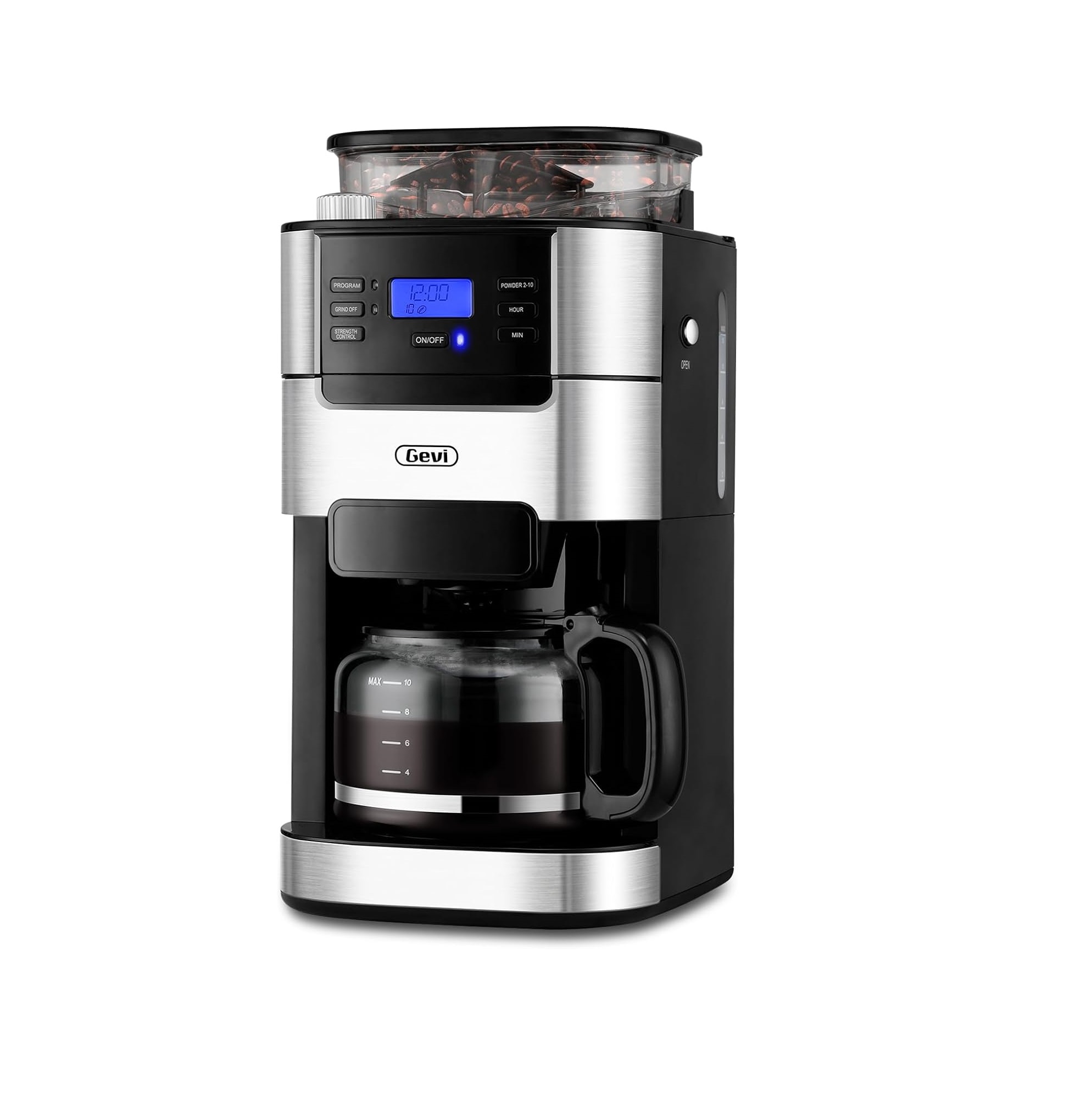 Cafetera Gevi de Goteo 10 Tazas con Molinillo, Temporizador y Filtro Reutilizable 