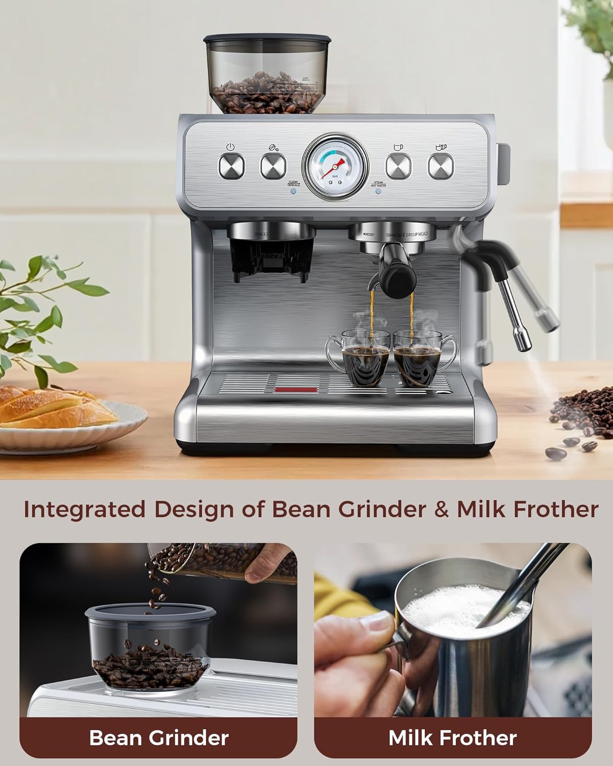 Zulay Kitchen Magia - Máquina manual de café expreso con molinillo y espumador de leche