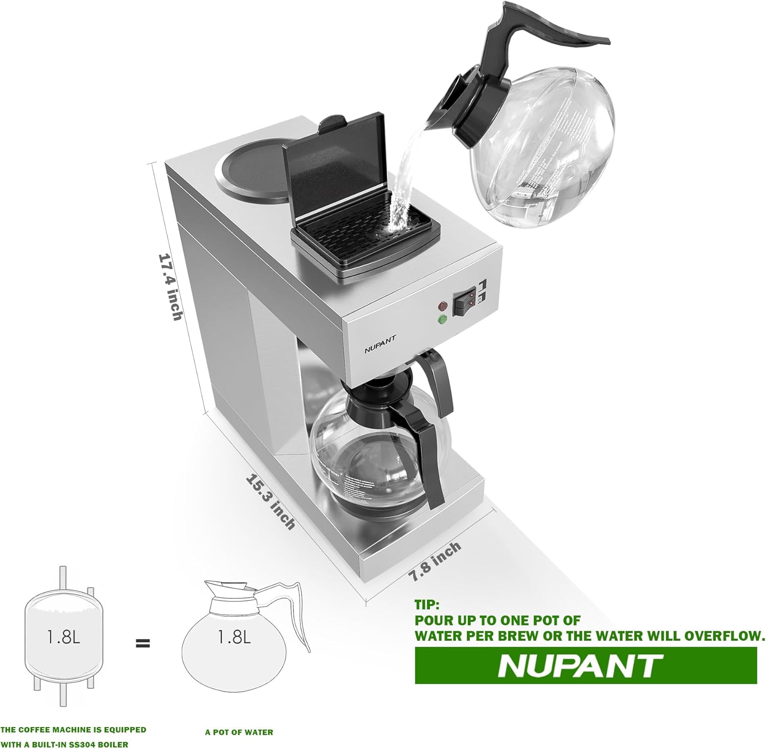 Cafetera Comercial NUPANT de Goteo, 12 Tazas con 2 Calentadores y Jarras de Vidrio  