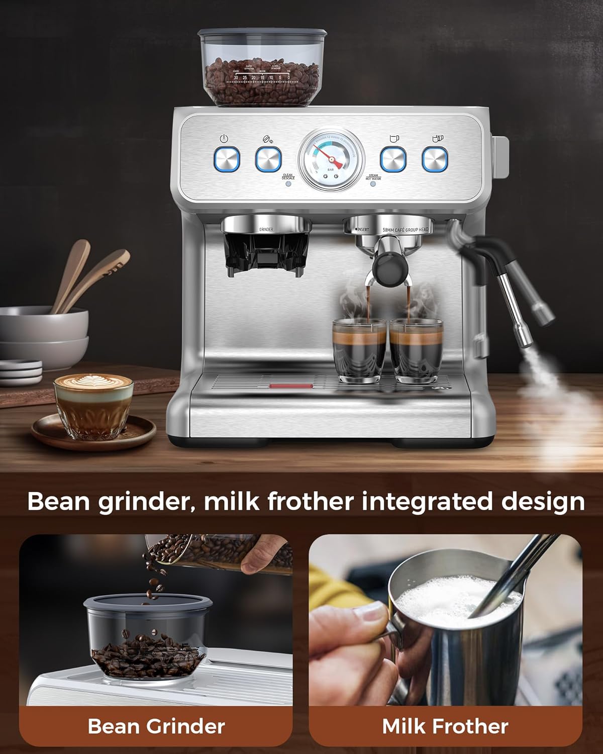 Cafetera Espresso COWSAR de 15 Bares con Molinillo y Espumador, Tanque 75 oz  