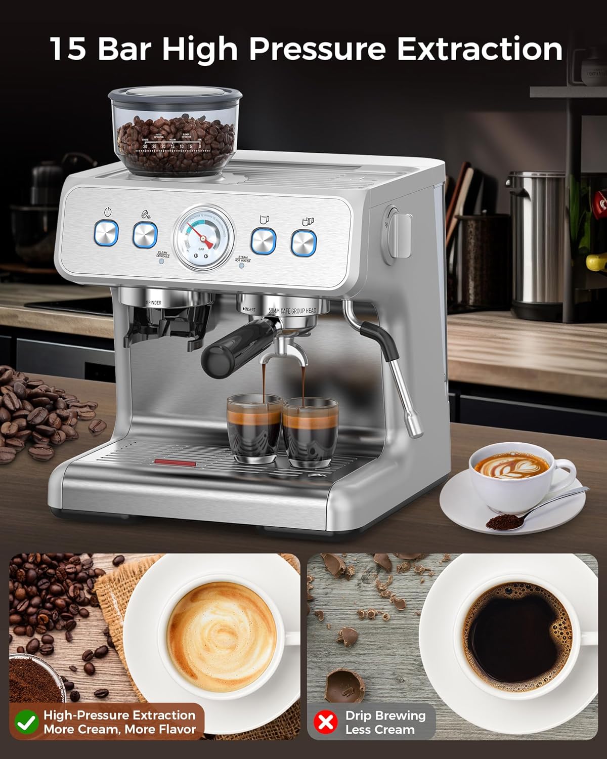 Cafetera Espresso COWSAR de 15 Bares con Molinillo y Espumador, Tanque 75 oz  