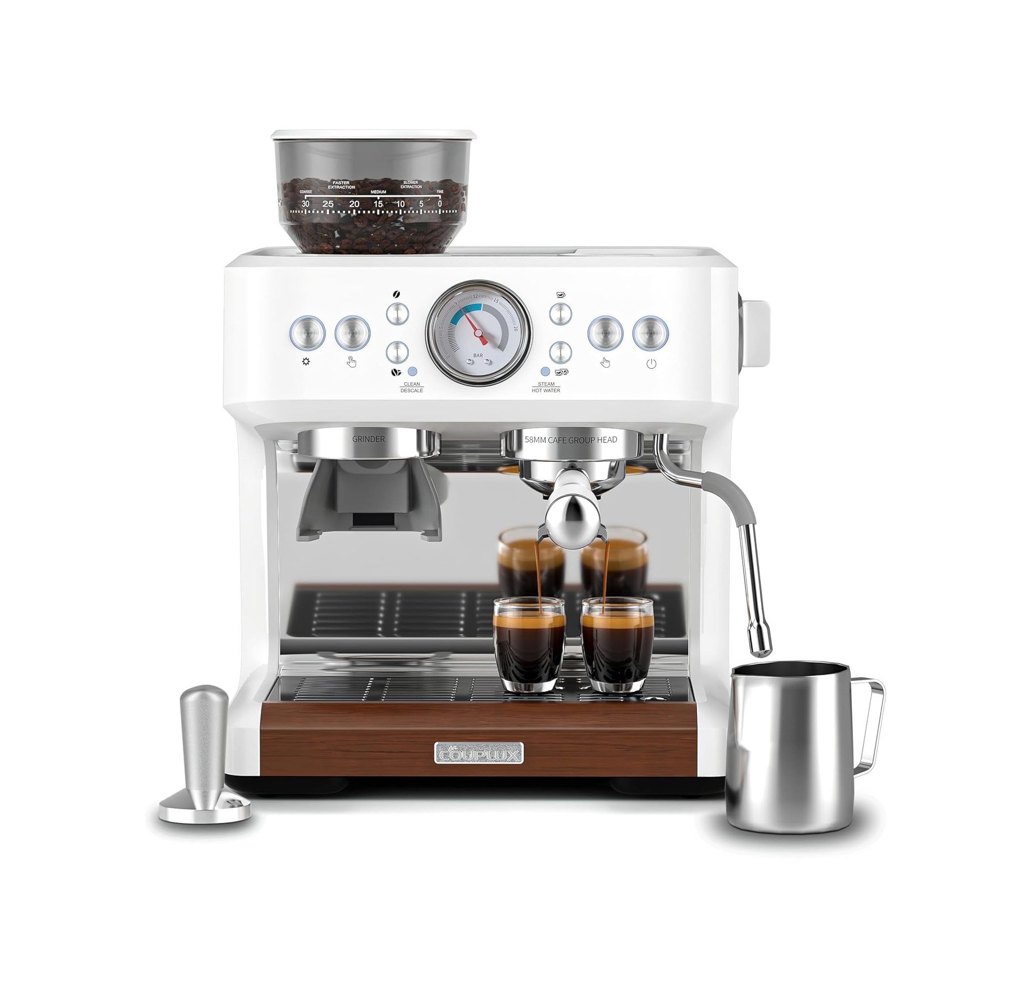 COUPLUX Máquina Espresso 20 Bares con Molinillo Integrado y Espumador, Tanque 2.8L