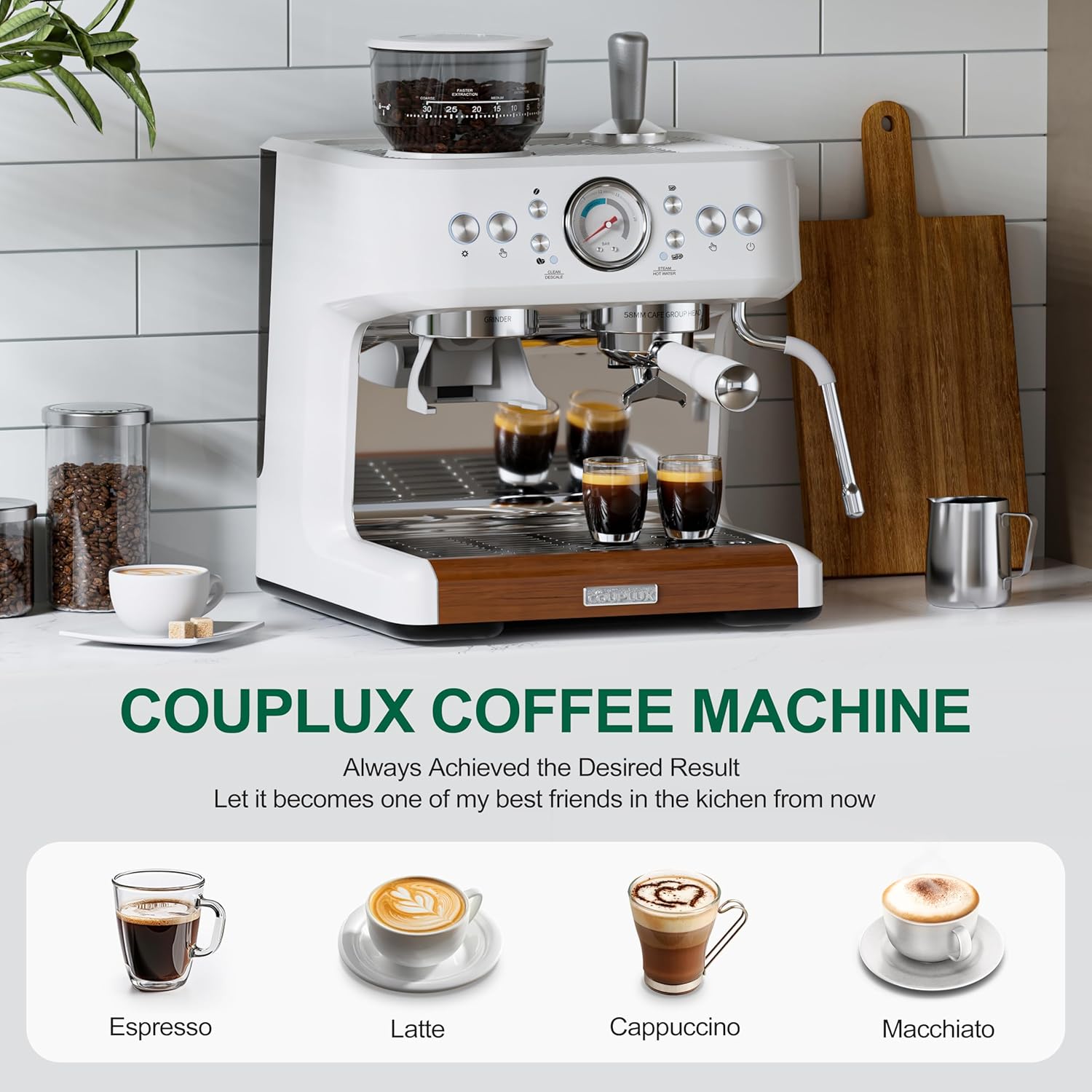COUPLUX Máquina Espresso 20 Bares con Molinillo Integrado y Espumador, Tanque 2.8L  