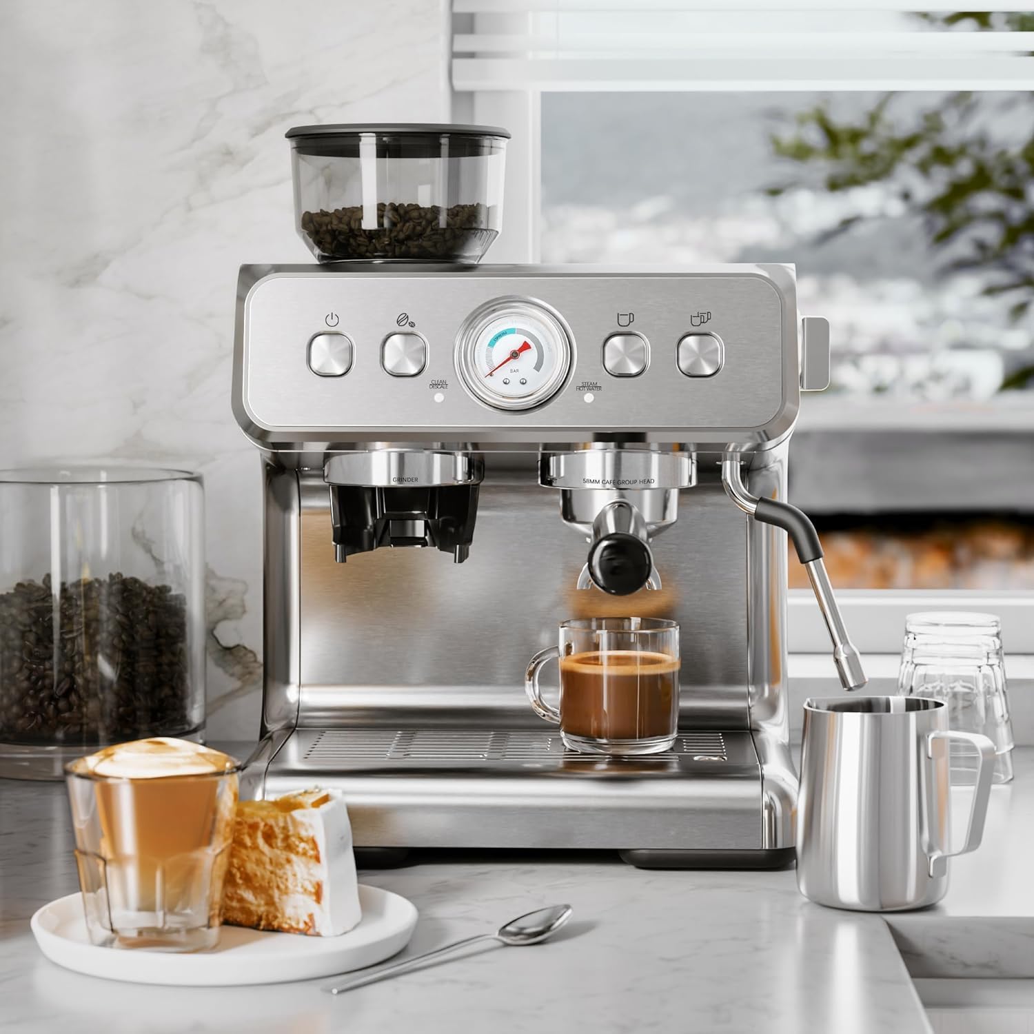 Kismile Máquina Espresso 20 Bares con Molinillo Integrado y Espumador, Tanque 2.8L  