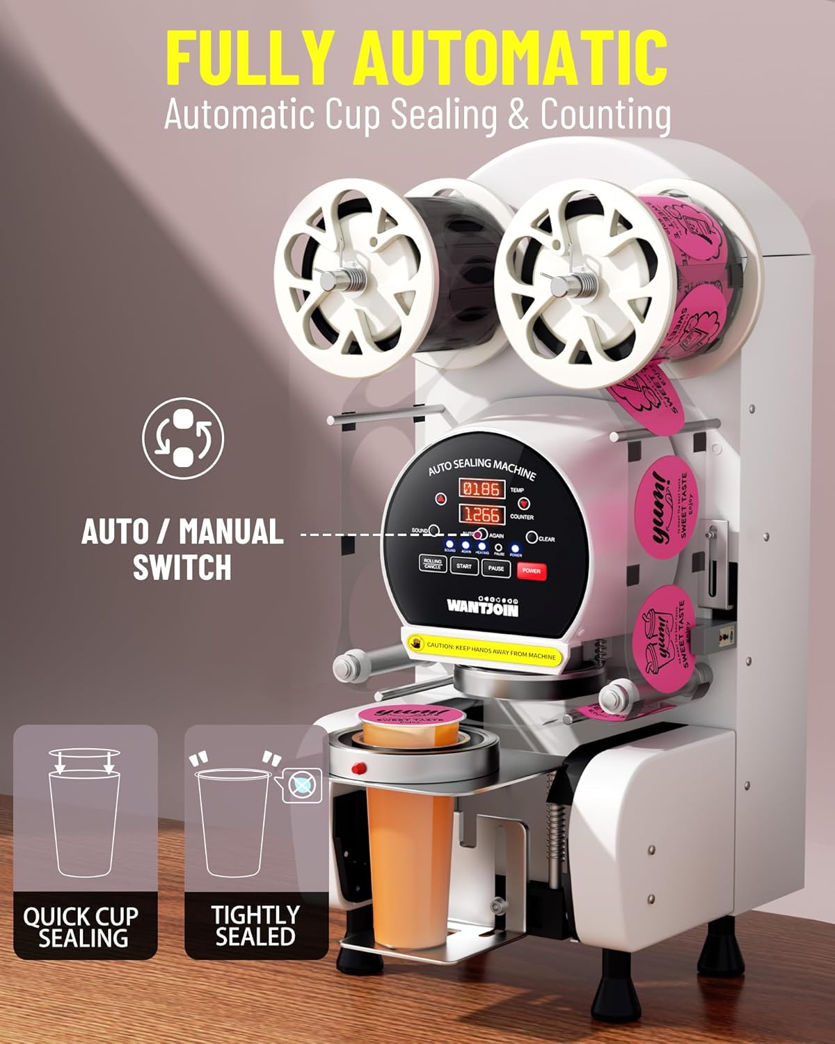 WantJoin Máquina Selladora de Tazas Automática: 500-600 Tazas/h, Compatible con Vasos de Papel y Plástico  
