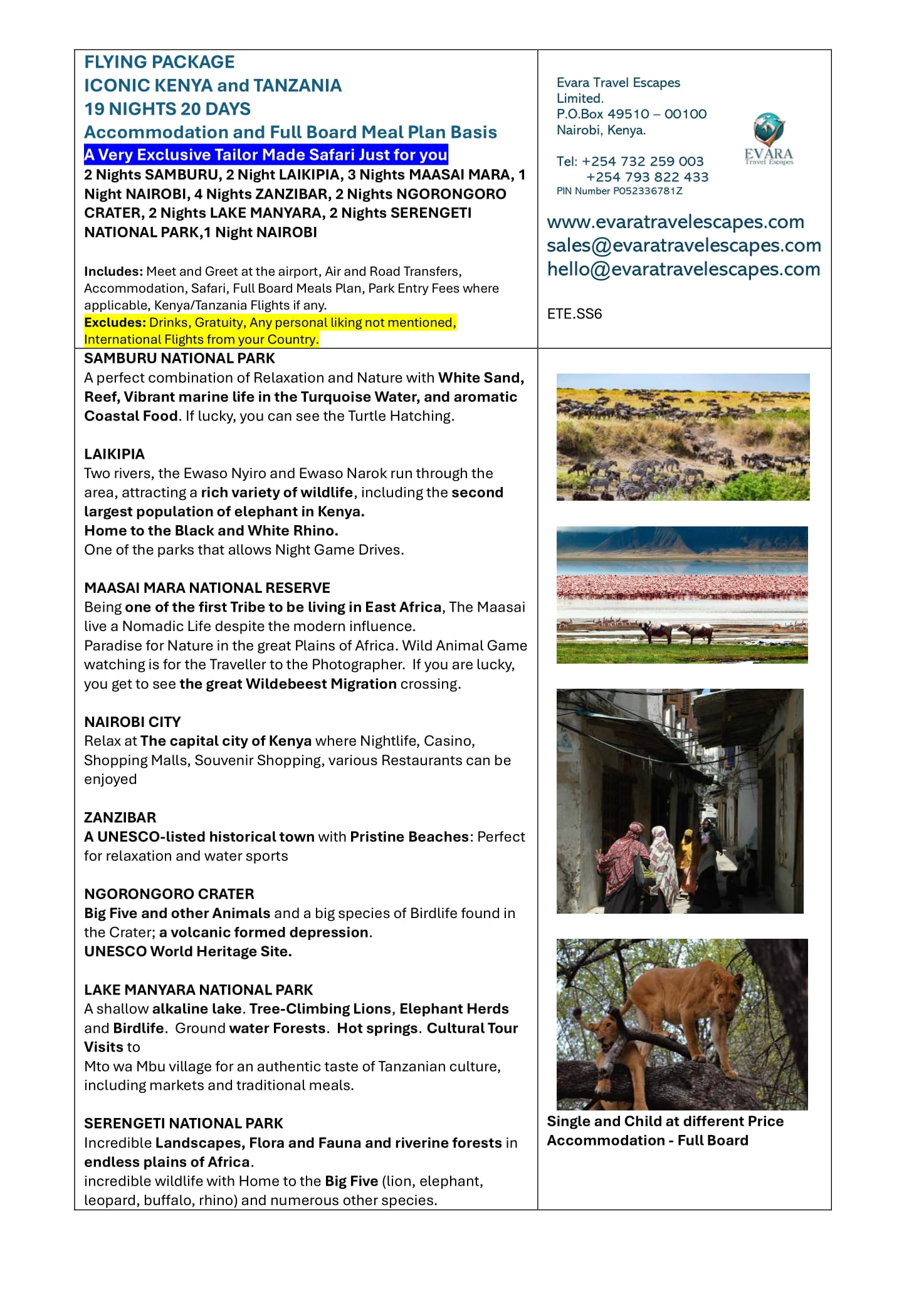 20-Day, 19-Night Kenya-Tanzania Safari and Beach Flying Package