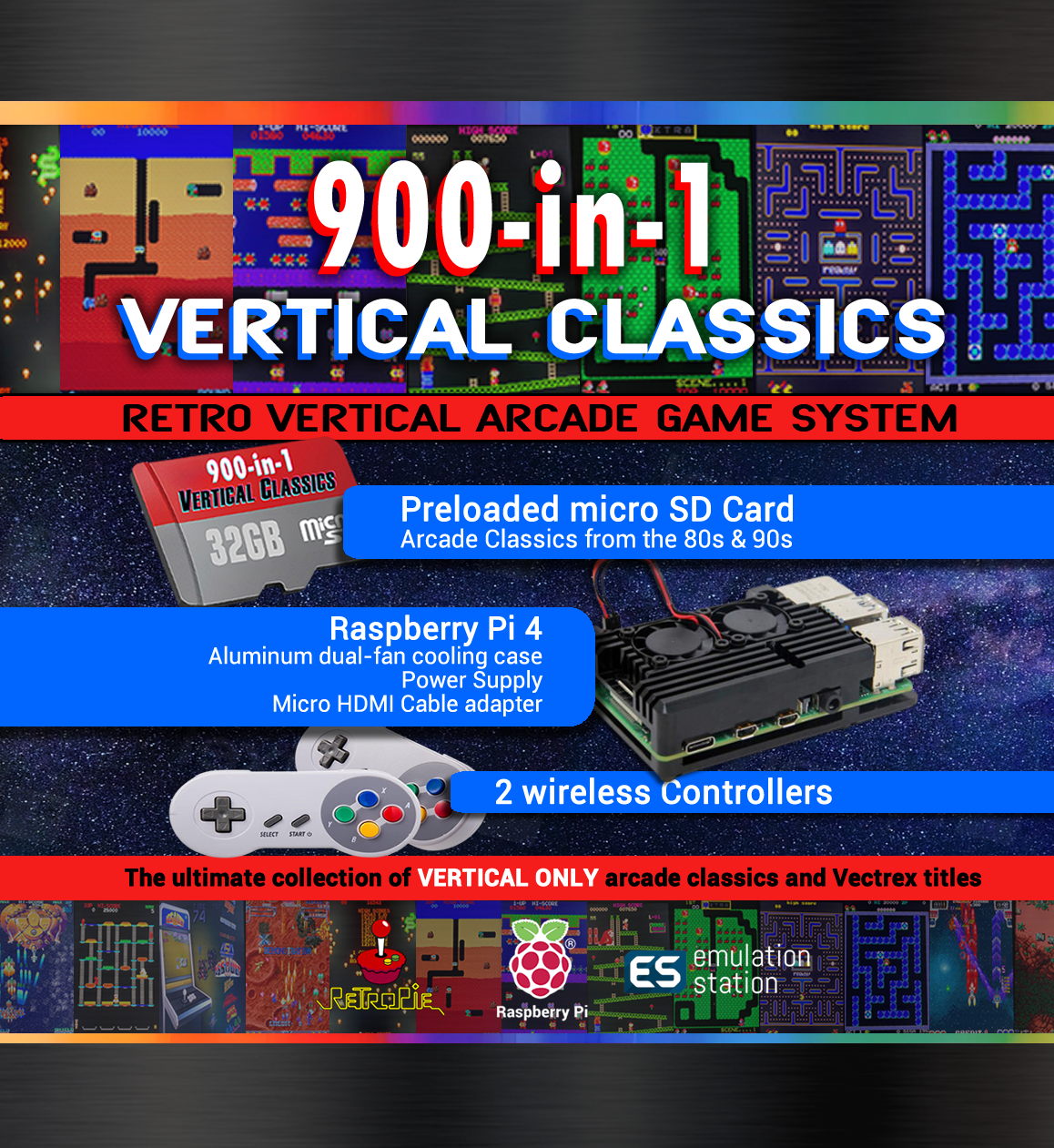 900-in-1 Vertical Retro Game Console | Arcade & Vectrex Classics from 80's and 90's | Raspberry Pi 4 + 2 Controllers | Flip-and-Play!