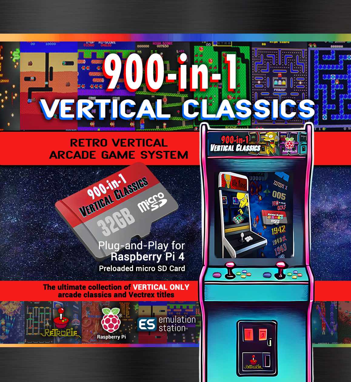 Vertical Retro Arcade Game Build | 900-in-1 Arcade & Vectrex Classics from 80's and 90's | SD CARD ONLY for Raspberry Pi 4 | Flip-and-Play!