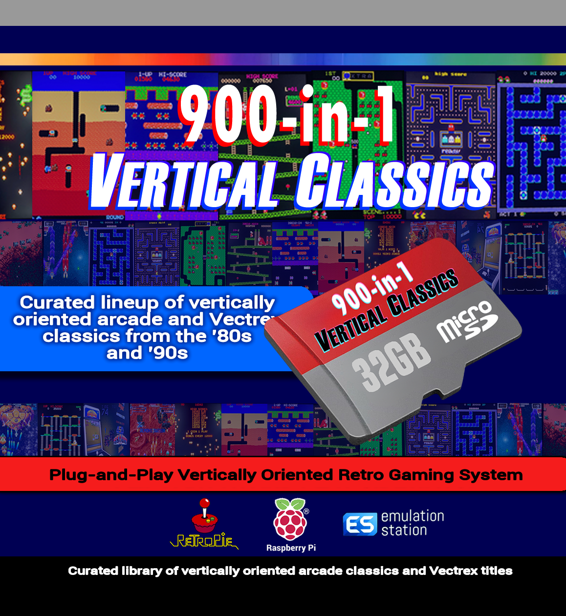 Vertical Retro Arcade Game Build | 900-in-1 Arcade & Vectrex Classics from 80's and 90's | SD CARD ONLY for Raspberry Pi 4 | Flip-and-Play!