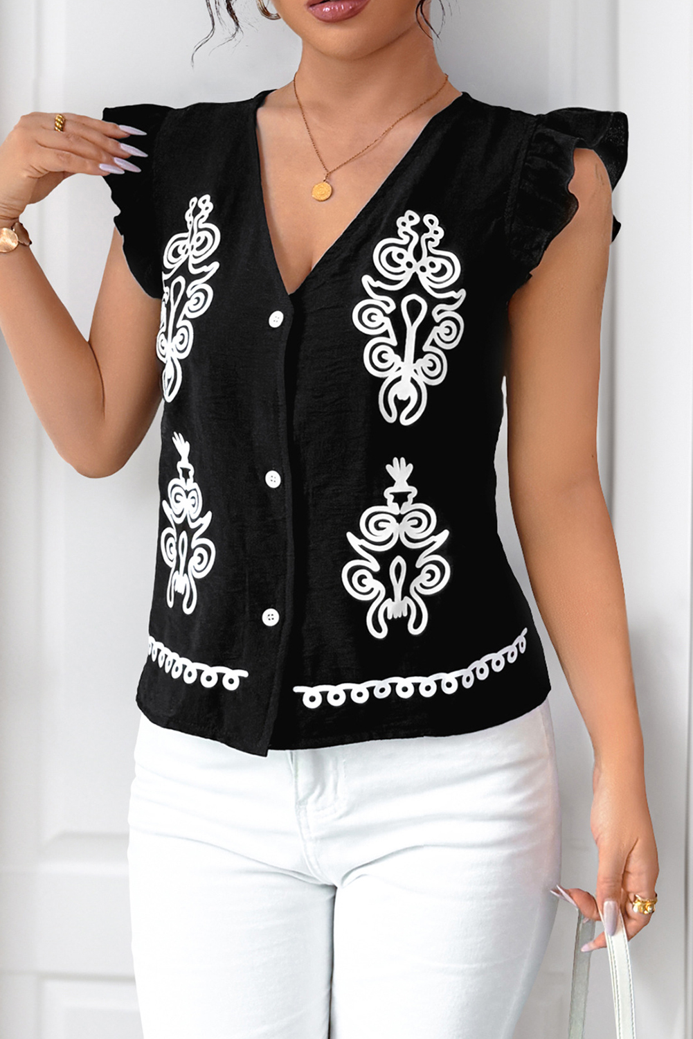 Black Embroidered Button-Down Top