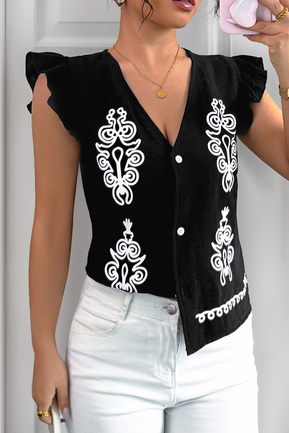 Black Embroidered Button-Down Top