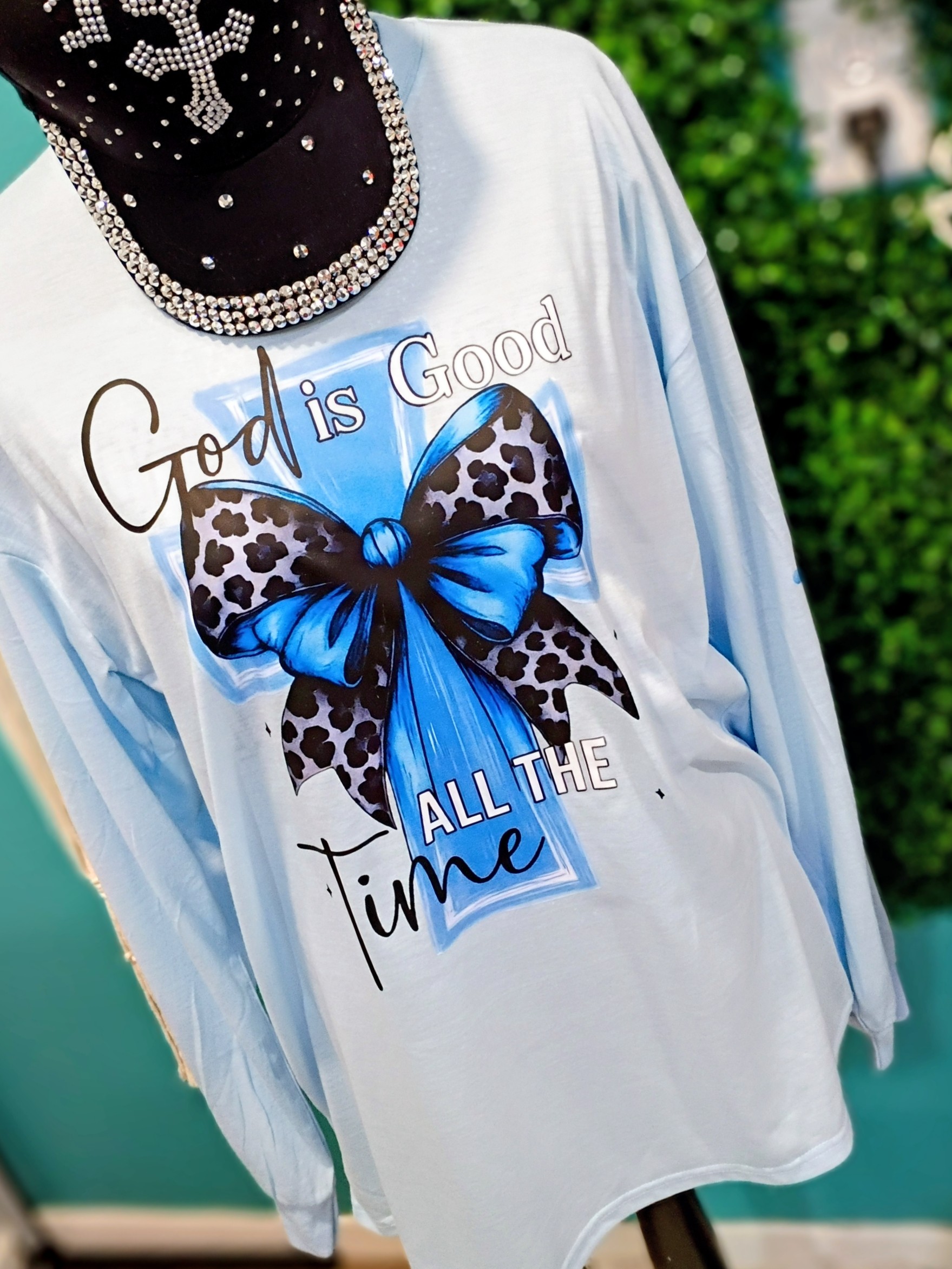 God Is Good Leopard Bow Long Sleeve Shirt