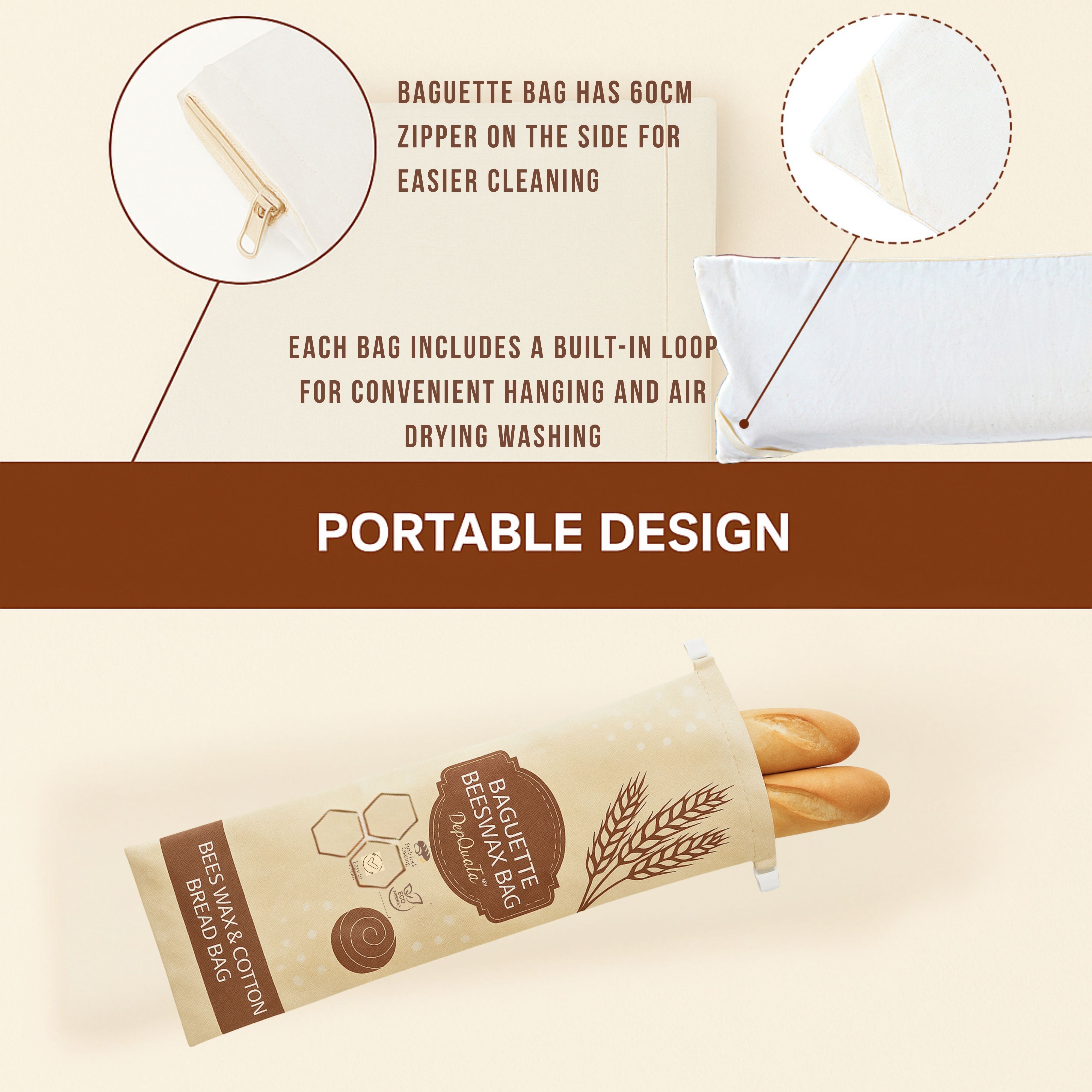 2 Pack Reusable Bread Bags & 1 Baguette Bag Cotton Organic Beeswax 