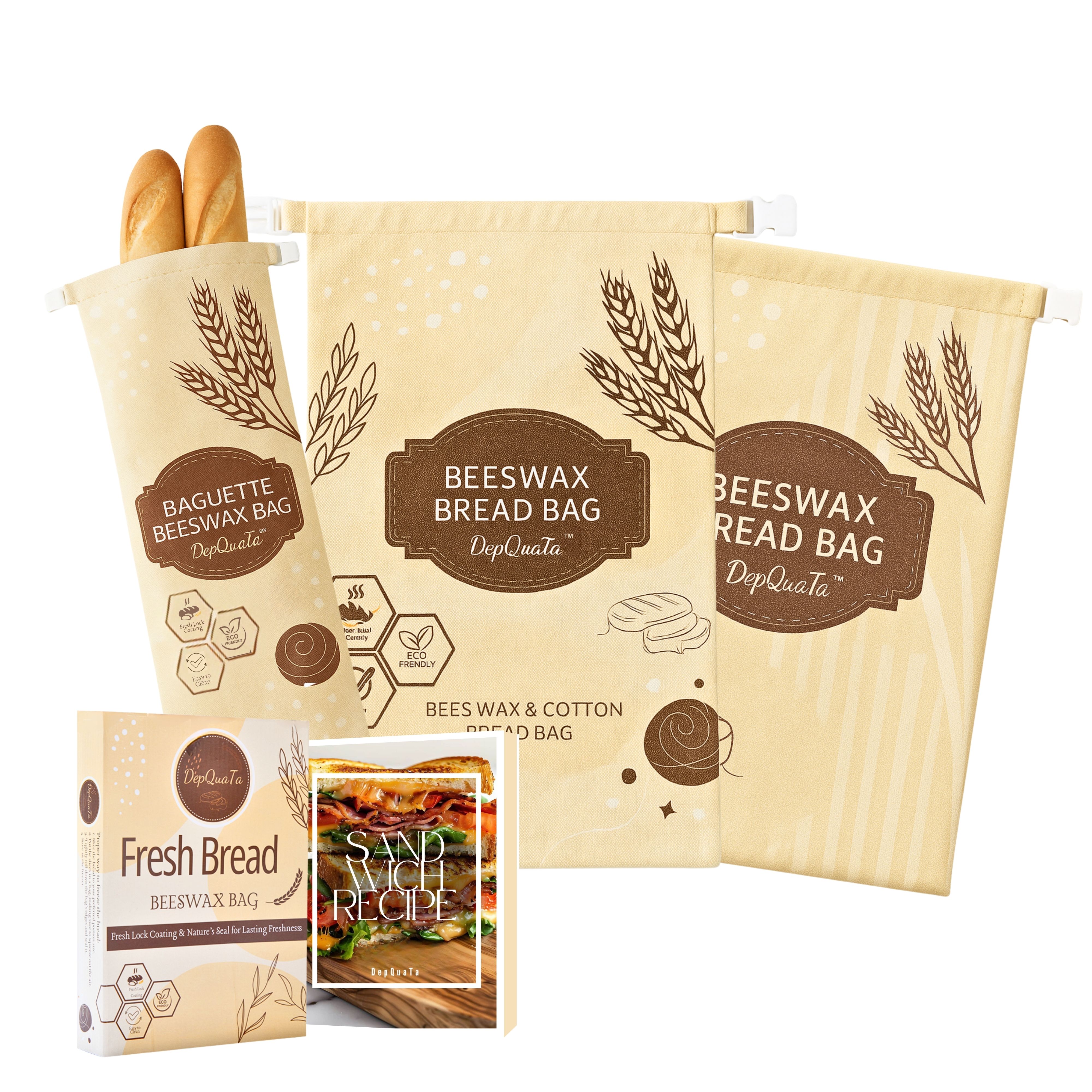2 Pack Reusable Bread Bags & 1 Baguette Bag Cotton Organic Beeswax