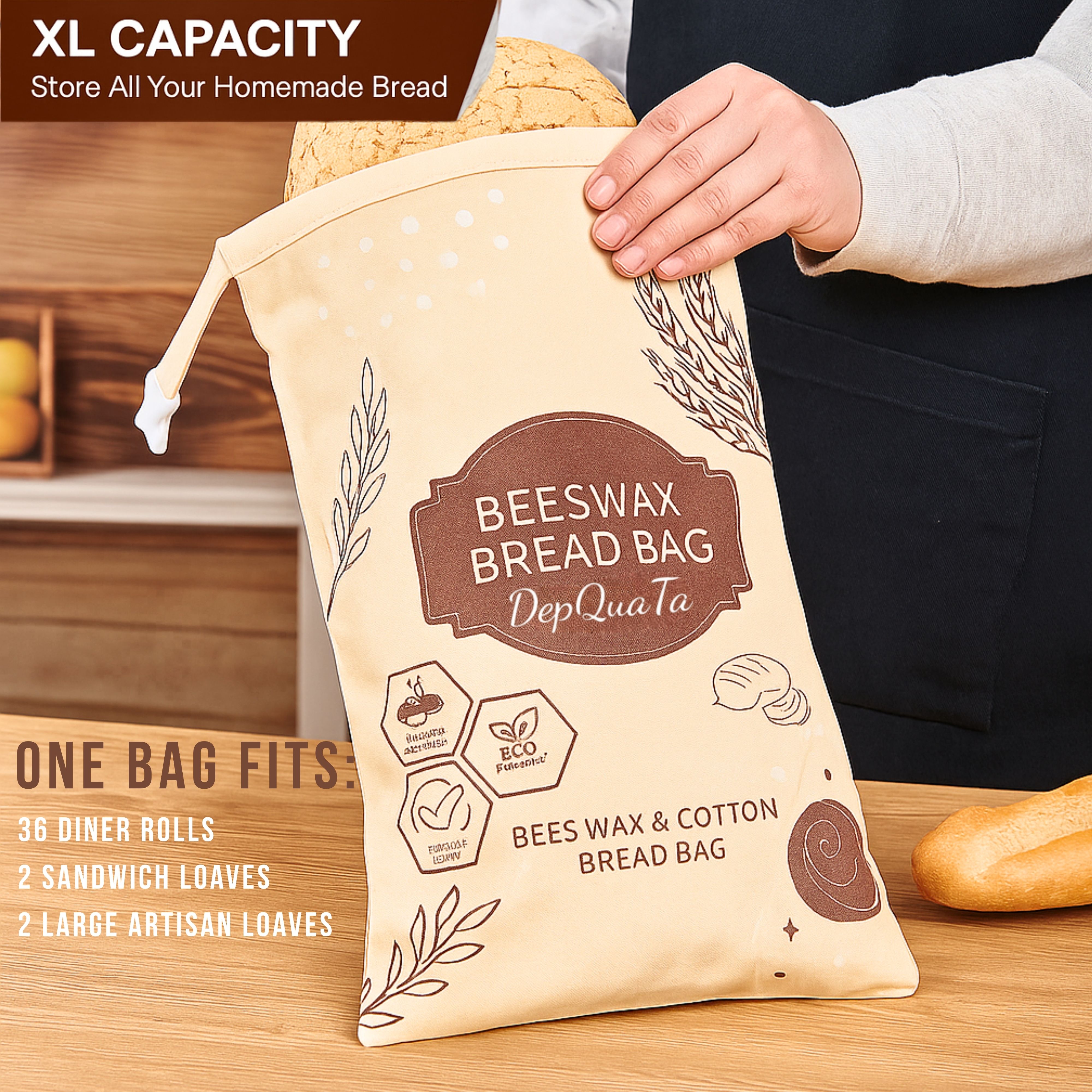 2 Pack Reusable Bread Bags & 1 Baguette Bag Cotton Organic Beeswax 