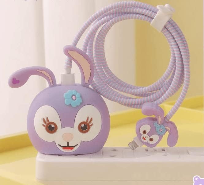 Silicone Protective Case for Apple 20W & 18W iPhone USB-C Power Adapter Charger and for USB Lightning Cable, 3D Case for iPhone Charger - 18W/20W Purple Rabbit