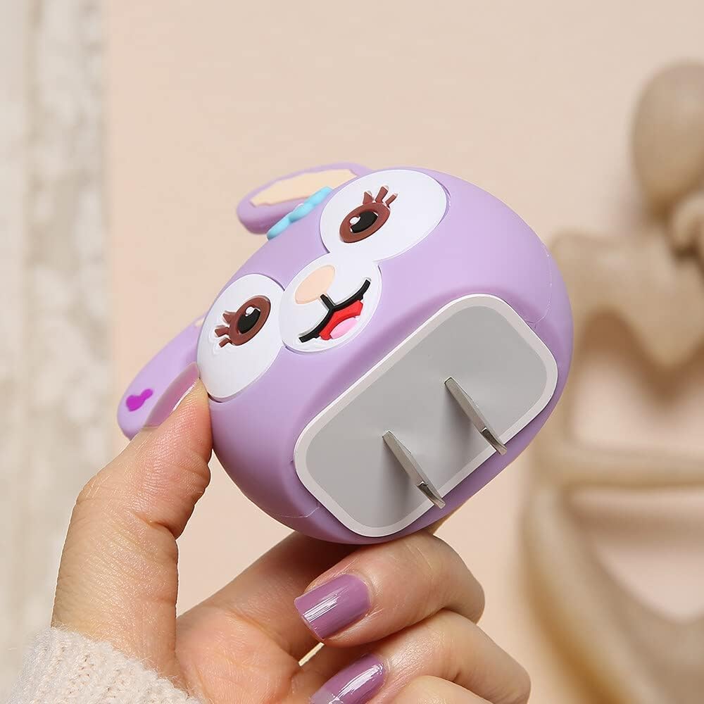 Silicone Protective Case for Apple 20W & 18W iPhone USB-C Power Adapter Charger and for USB Lightning Cable, 3D Case for iPhone Charger - 18W/20W Purple Rabbit