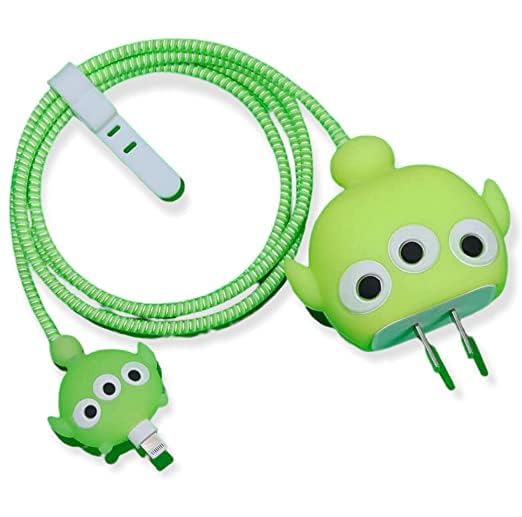 Silicone Protective Case for Apple 20W & 18W iPhone USB-C Power Adapter Charger and for USB Lightning Cable, 3D Case for iPhone Charger - 18W/20W (Green Alian Design)