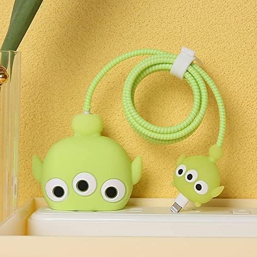 Silicone Protective Case for Apple 20W & 18W iPhone USB-C Power Adapter Charger and for USB Lightning Cable, 3D Case for iPhone Charger - 18W/20W (Green Alian Design)