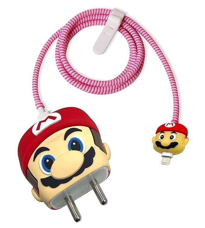 Silicone Protective Case for Apple 20W & 18W iPhone USB-C Power Adapter Charger and for USB Lightning Cable, 3D Case for iPhone Charger - 18W/20W (Red Mario Design)