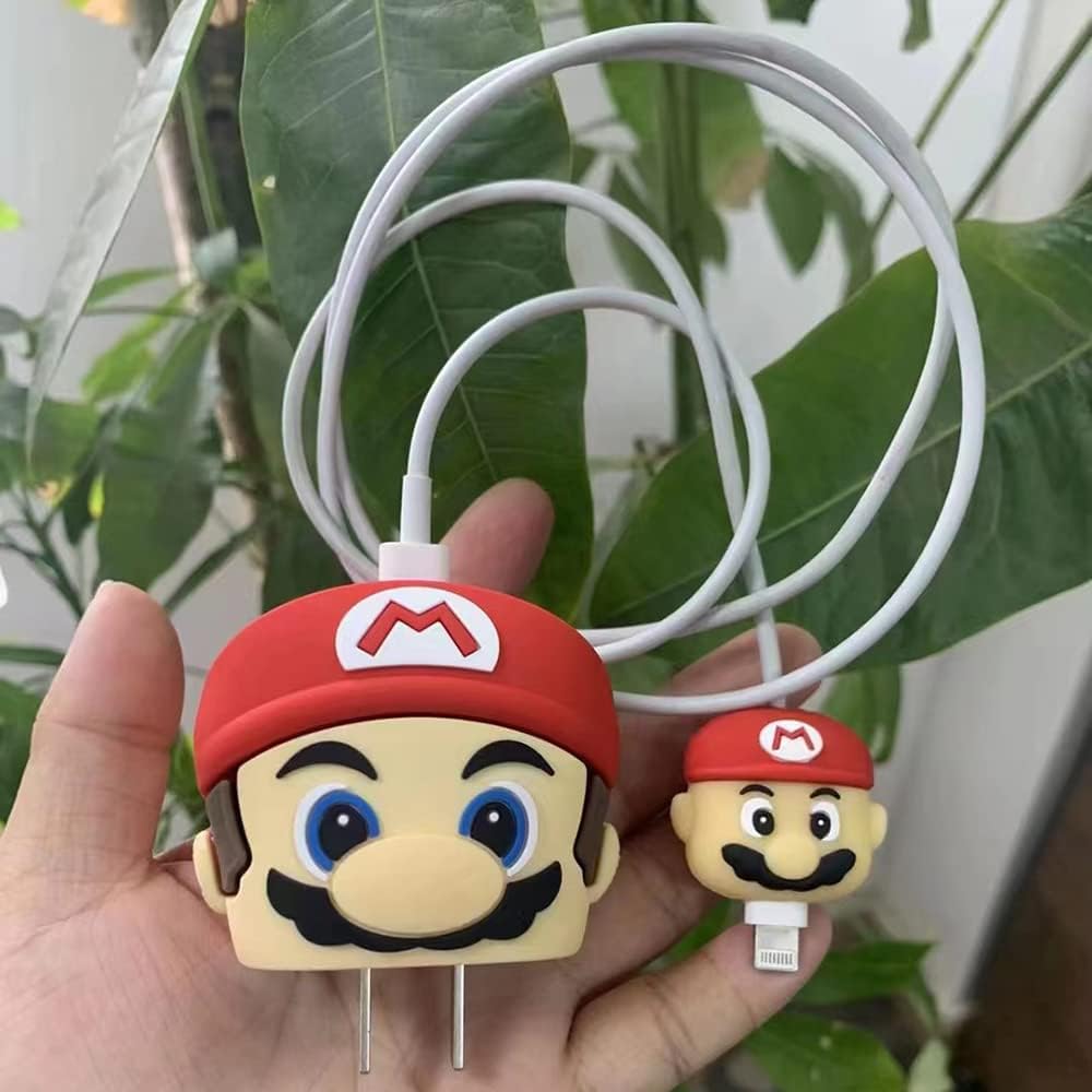 Silicone Protective Case for Apple 20W & 18W iPhone USB-C Power Adapter Charger and for USB Lightning Cable, 3D Case for iPhone Charger - 18W/20W (Red Mario Design)